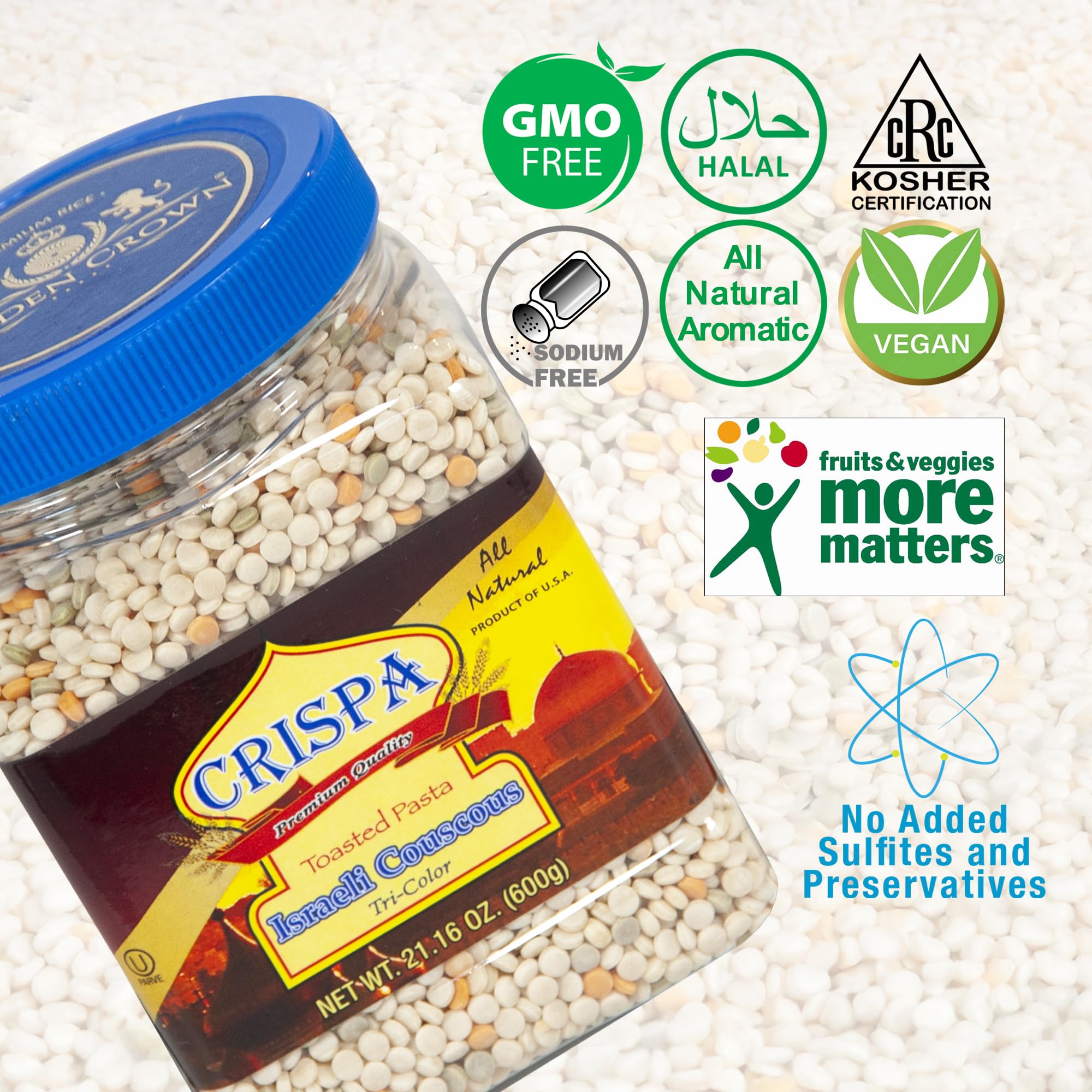 Crispa Premium Quality Tri-Color Israeli Couscous - 21.16 oz (1.3Lb) | Natural Product of Israel | No Cholesterol & 0.5g Total Fat | 143 Amount Per