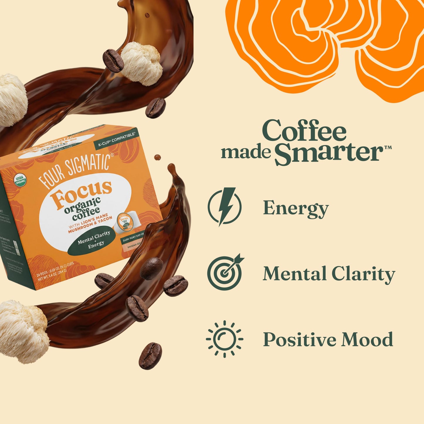 Four Sigmatic Mushroom Coffee K-Cups | Organic Dark Roast Coffee with Lion’s Mane Mushroom Powder & Yacon | Focus & Immune Support | Vegan & Keto |