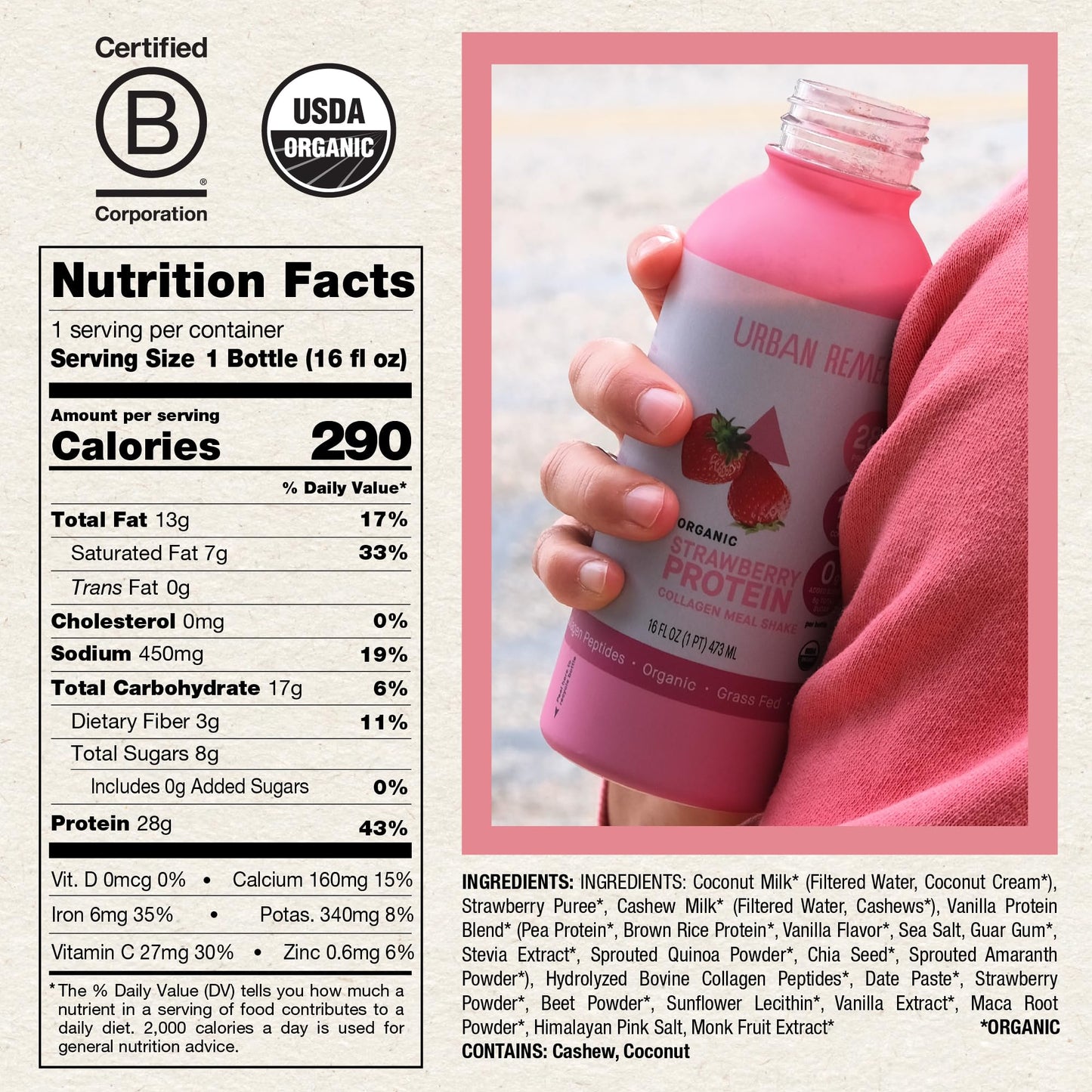 Urban Remedy Strawberry Protein Collagen Meal Shake, 16 oz - 28g Protein, 10g Organic Grass-Fed Collagen, No Added Sugar, Dairy-Free