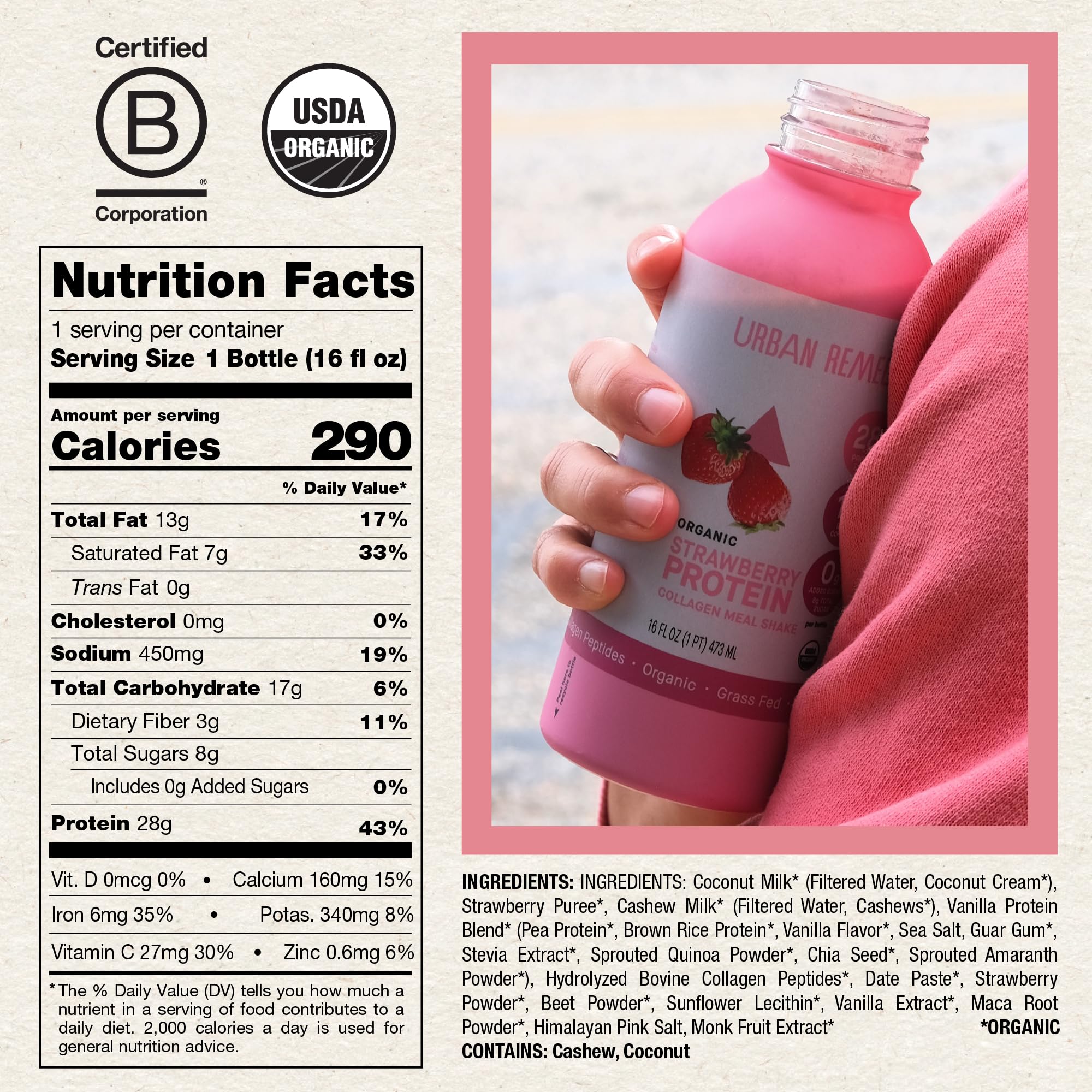 Urban Remedy Strawberry Protein Collagen Meal Shake, 16 oz - 28g Protein, 10g Organic Grass-Fed Collagen, No Added Sugar, Dairy-Free