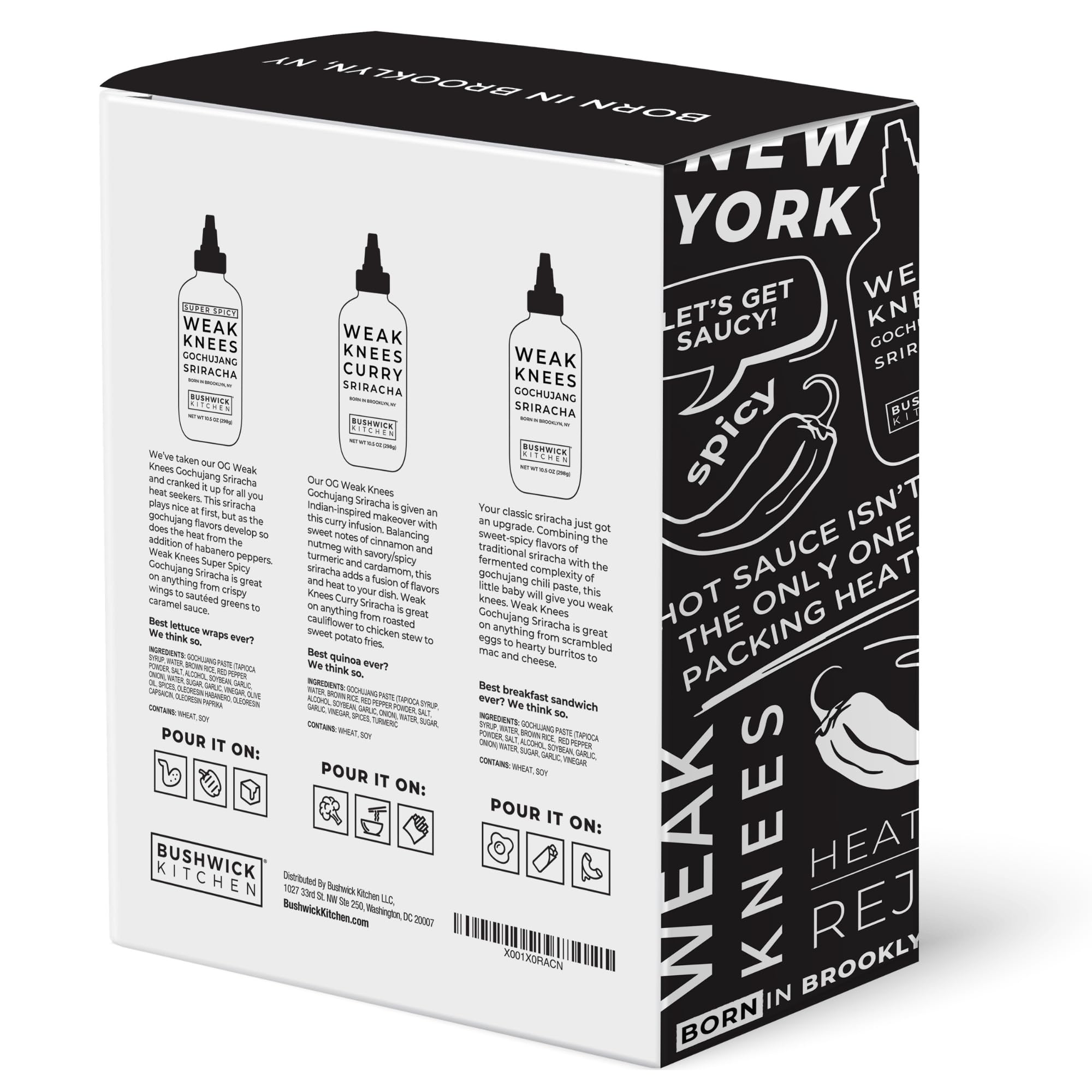 Bushwick Kitchen Sriracha Sampler Gift Box, Set Includes Gochujang Sriracha, Super Spicy Gochujang Sriracha, Curry Sriracha Hot Sauce, 5 Recipes