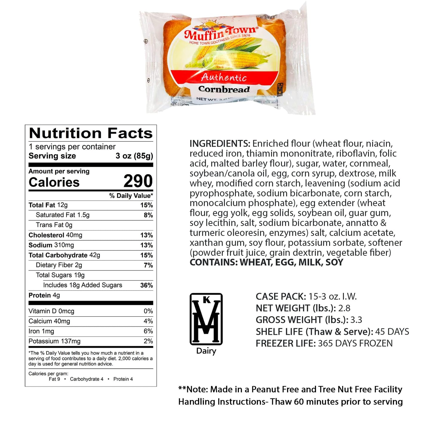 Muffin Town Grab & Go Bakery Cornbread Snack Loaves 15 Loaves Per Case - 3 Oz Per Serving…