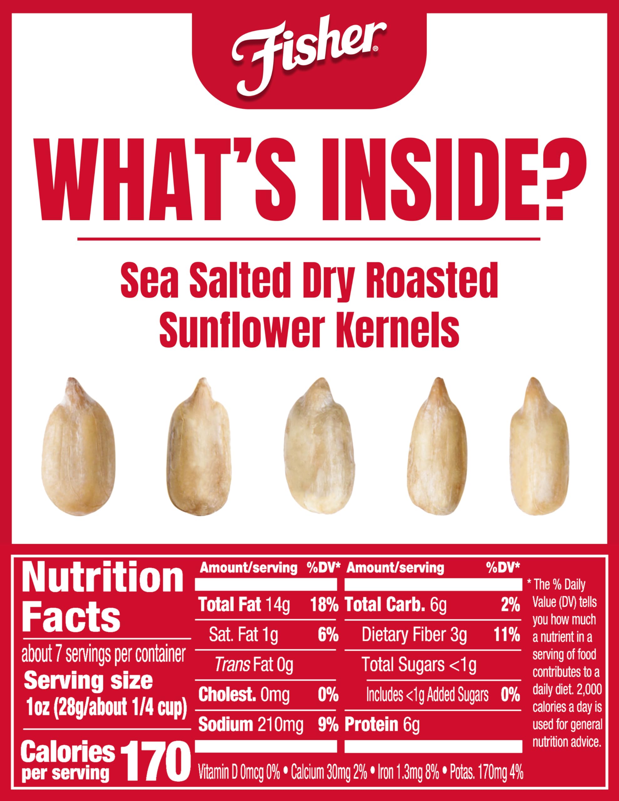 Fisher Dry Roasted Sunflower Seeds Kernels with Sea Salt, 7.25 oz, Sunflower Seeds to Eat, Gluten-Free, No Sugar Added, Crunchy Snacks for Adults