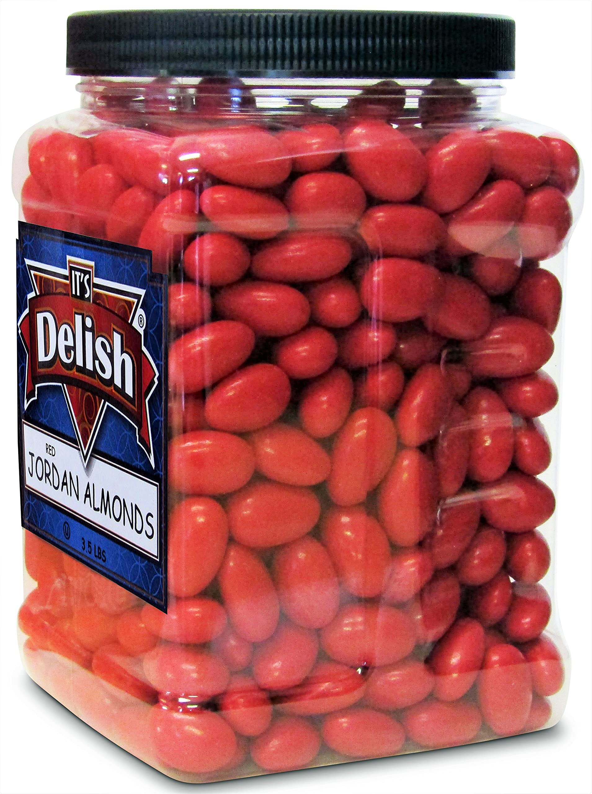 Red Jordan Almonds by Its Delish, 3.5 lbs Jumbo Container | Sugared Almond Nut with Sweet Hard Candy Coating - Bulk Wedding Favors and Party Buffets