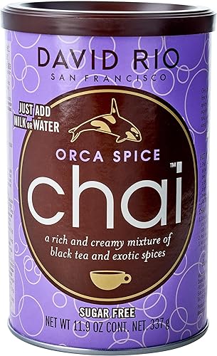 Orca Spice Reduced Calorie Chai Tea Latte Mix, 11.9 Oz, Black Tea, Organic Spices, Sugar Free, Dairy Free, Serve Hot or Cold, Just Add Water or Milk