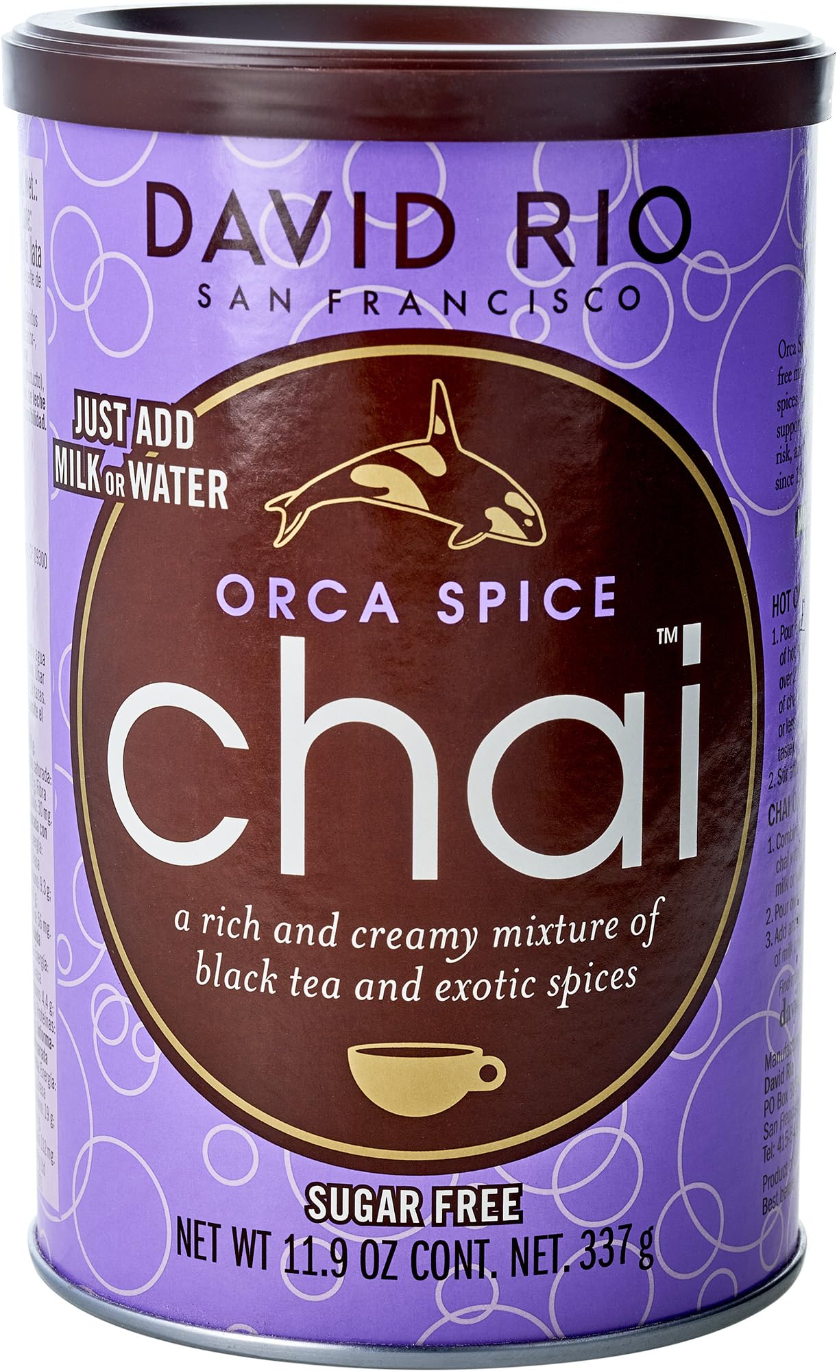Orca Spice Reduced Calorie Chai Tea Latte Mix, 11.9 Oz, Black Tea, Organic Spices, Sugar Free, Dairy Free, Serve Hot or Cold, Just Add Water or Milk