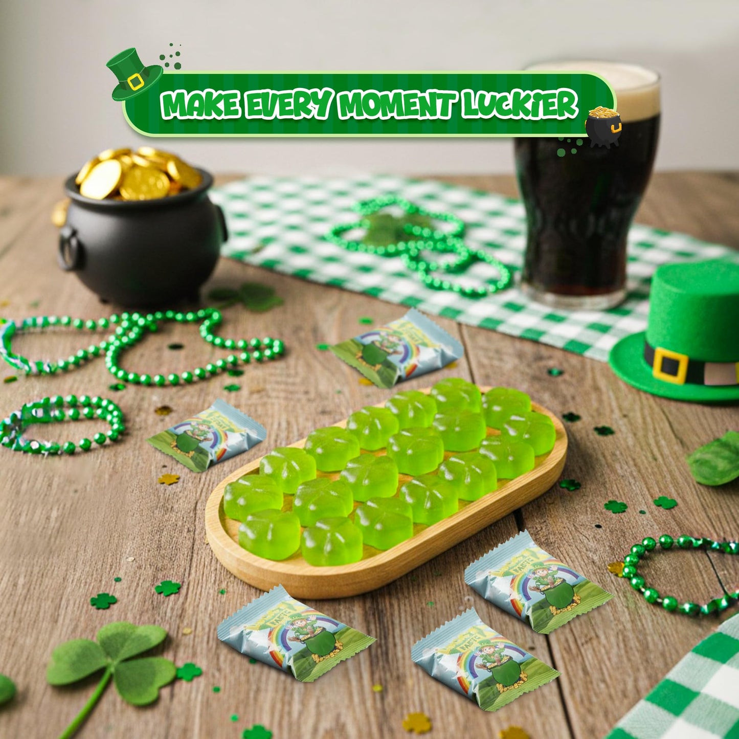 4E's Novelty 30 Packs St. Patricks Day Lucky Farts Shamrock Gummies - 30 Individually Wrapped Bags (5 Pieces Each) Green Gummy Funny St Patricks Day