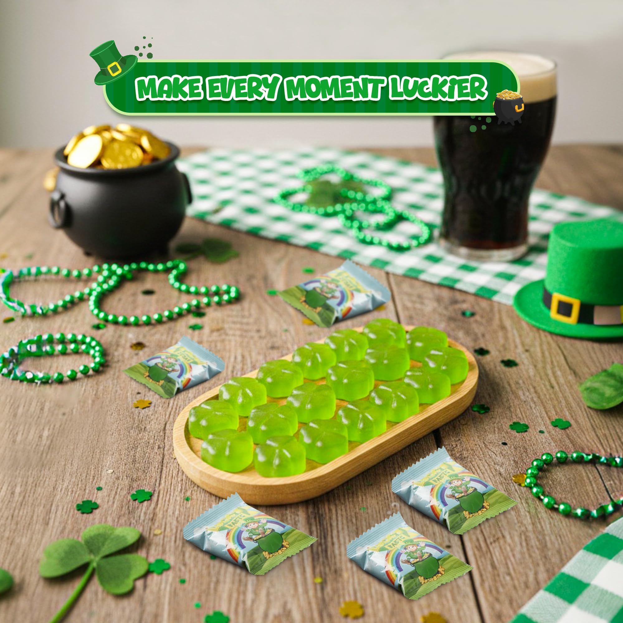 4E's Novelty 30 Packs St. Patricks Day Lucky Farts Shamrock Gummies - 30 Individually Wrapped Bags (5 Pieces Each) Green Gummy Funny St Patricks Day
