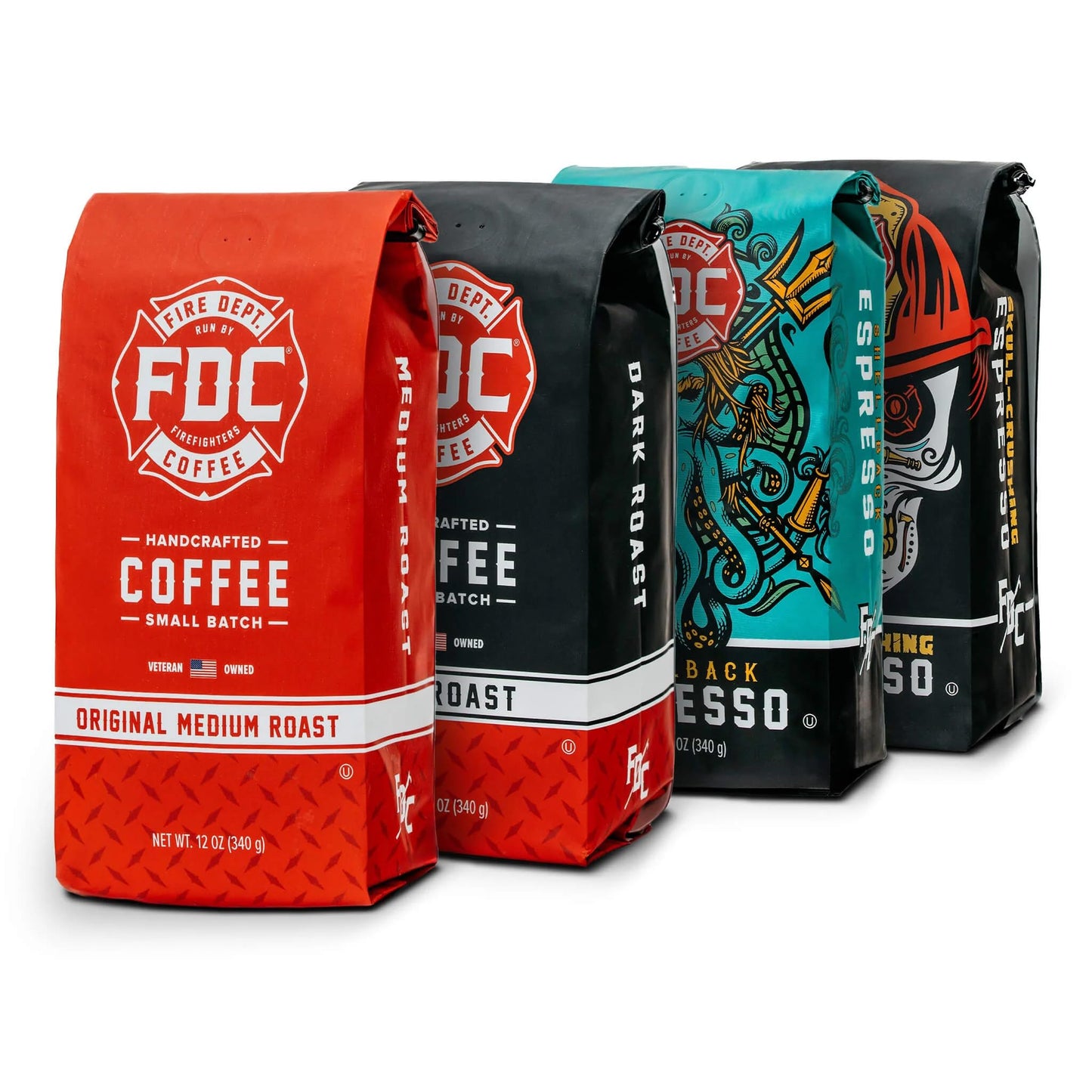 Fire Department Coffee - Gives Back to Firefighters - Rescue Variety Pack - Ground Coffee - Medium, Dark, Shellback Espresso, & Skull Crushing