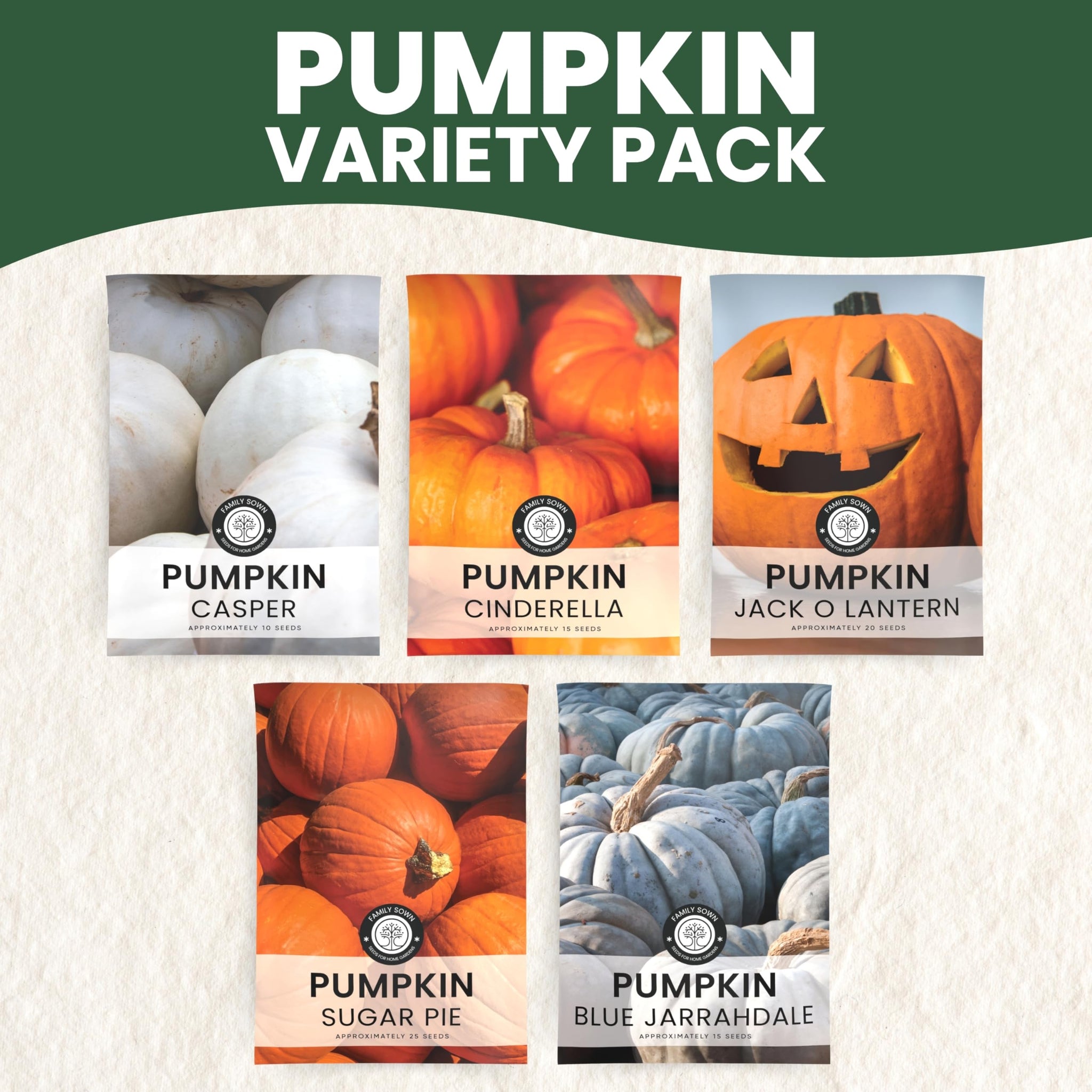Pumpkin Seeds | 5 Invidiual Packs | 2026 Season | Non-GMO | Jack O Lantern, Sugar Pie, Casper, Cinderella & Blue Jarrahdale! | for Planting Indoor