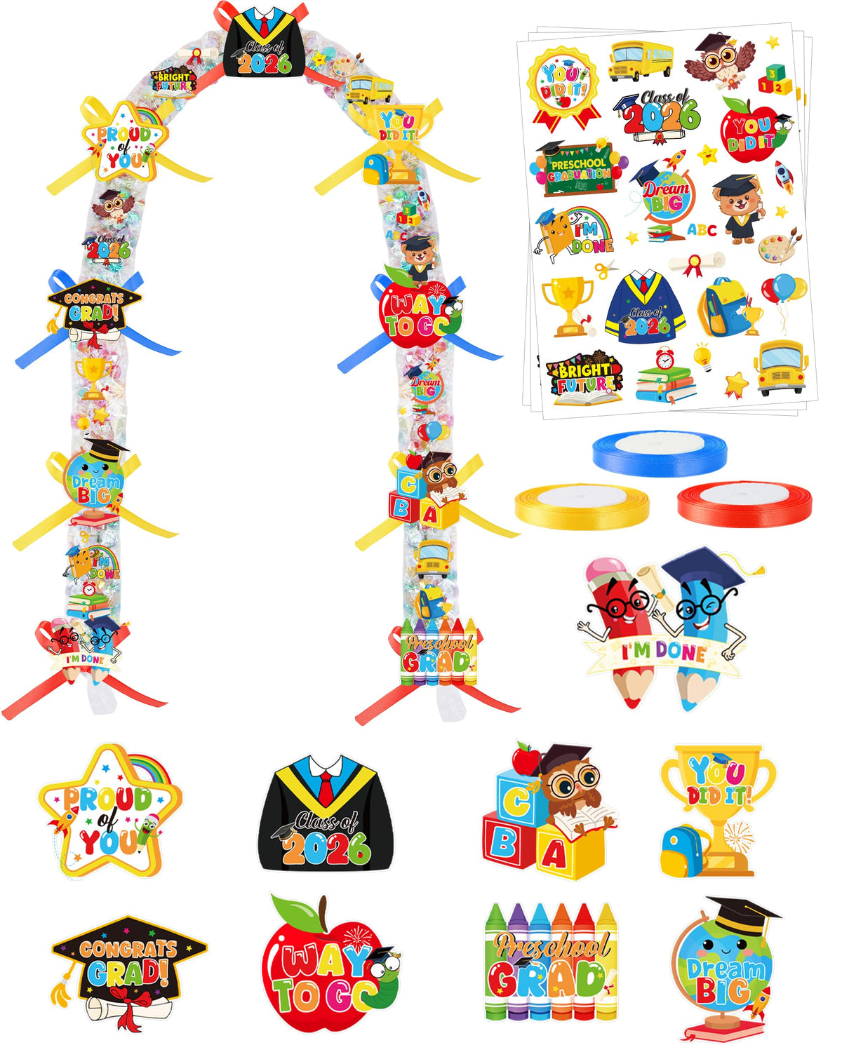 CRASHOT Graduation Candy Lei Making Kit, DIY 2026 Grad Gift Lei Set with 12 Clear Bags, 3 Rolls Satin Ribbon (Red/Blue/Gold), 6 Sticker Sheets & 10