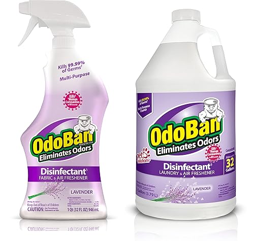 OdoBan Ready-to-Use Disinfectant and Odor Eliminator, Made in the USA, Lavender Scent, Set of 2, 32 oz Spray and 1 Gallon Concentrate