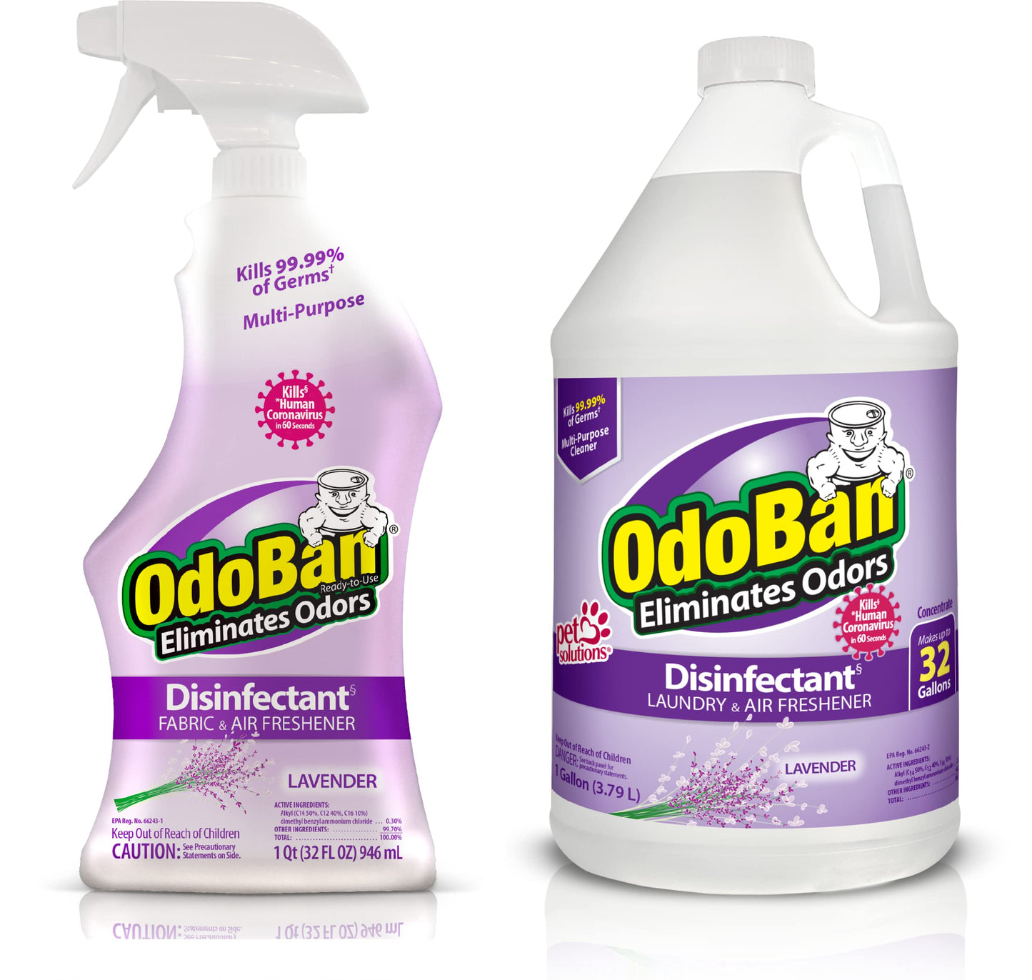 OdoBan Ready-to-Use Disinfectant and Odor Eliminator, Made in the USA, Lavender Scent, Set of 2, 32 oz Spray and 1 Gallon Concentrate