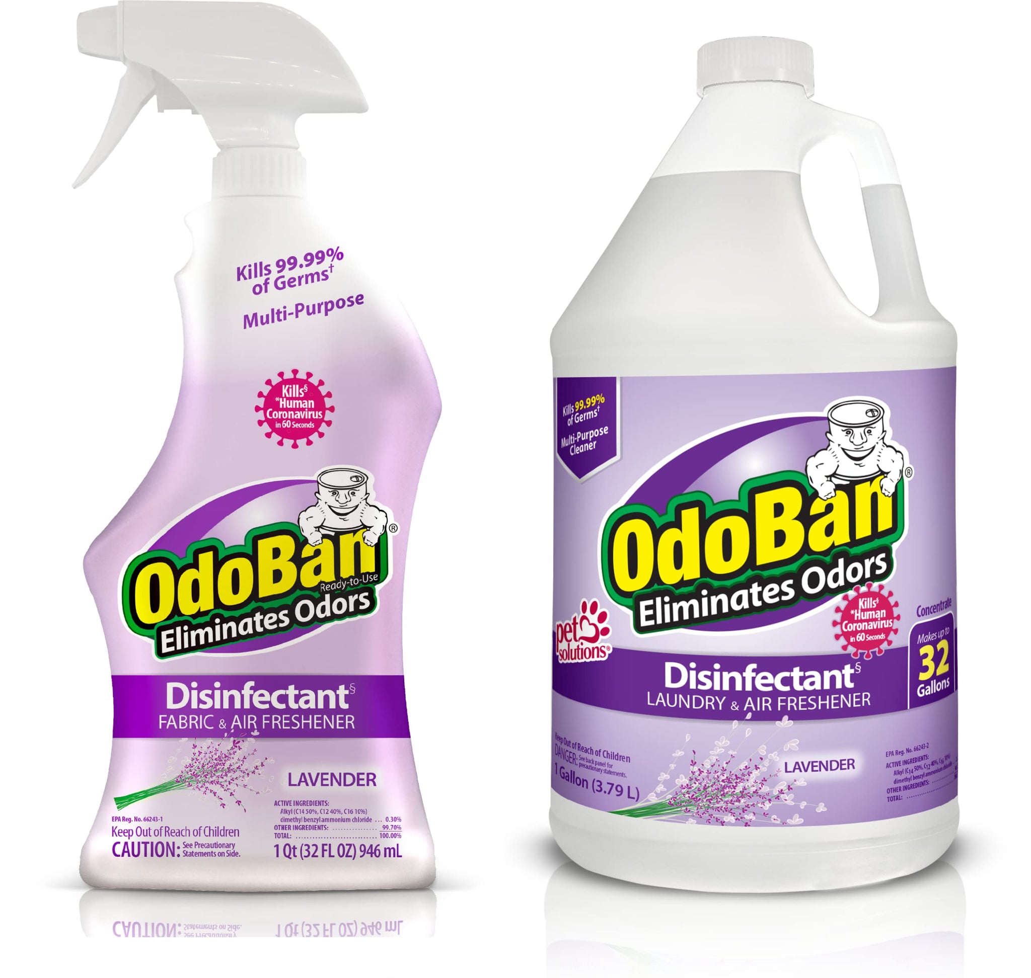 OdoBan Ready-to-Use Disinfectant and Odor Eliminator, Made in the USA, Lavender Scent, Set of 2, 32 oz Spray and 1 Gallon Concentrate