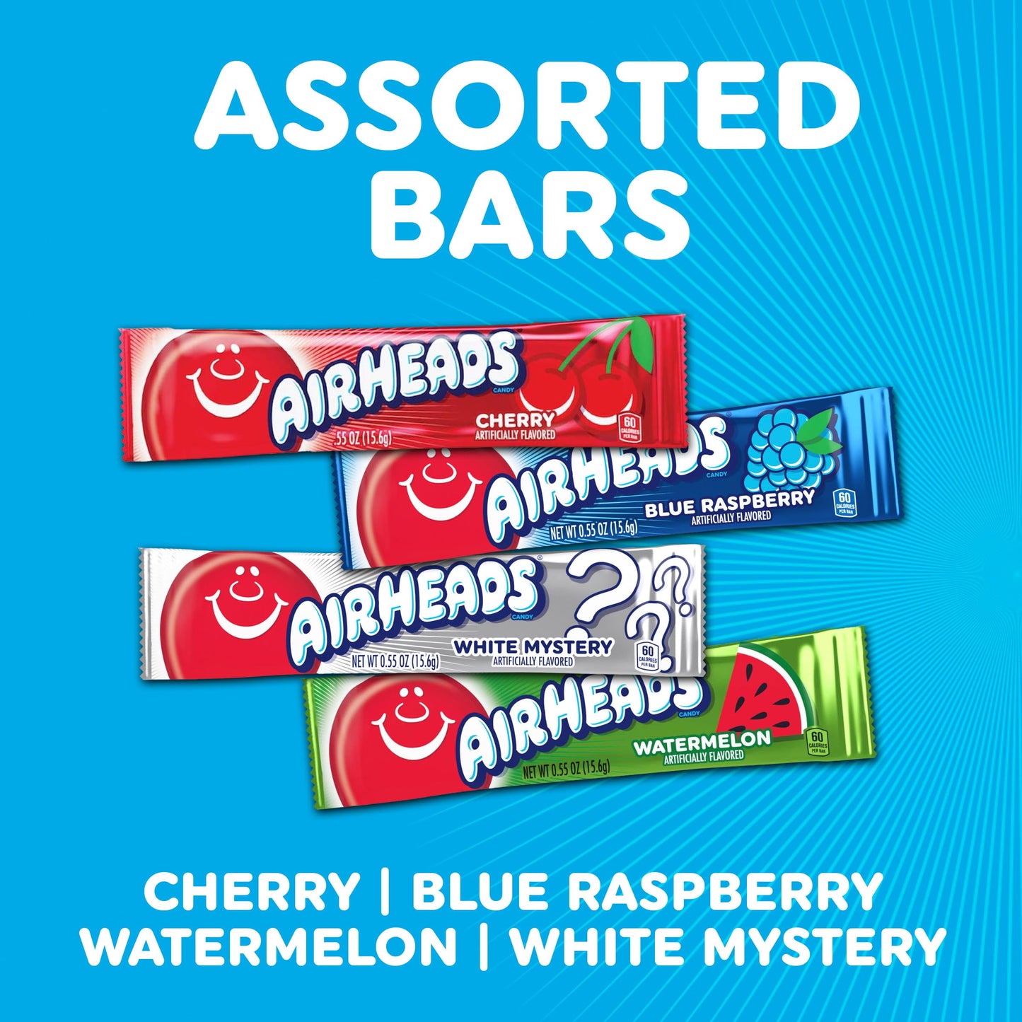 Airheads Full-Size Candy Bars, Taffy Candy Bulk Variety Pack, Individually Wrapped, Six Assorted Fruit Flavors Artificially Flavored, 60 Count Box