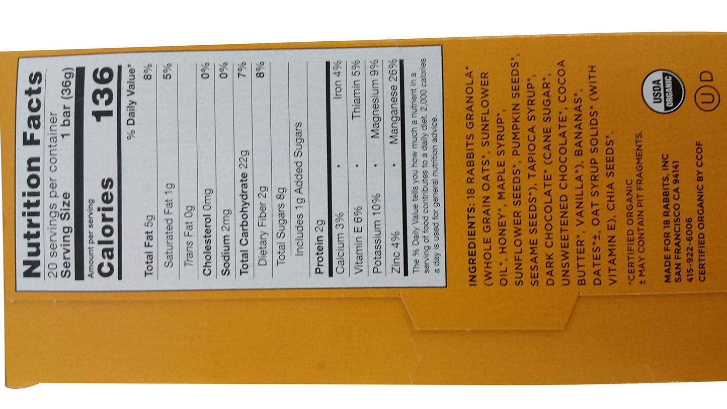 18 Rabbits Organics chocolate banana 20 granola bars 1.26oz each NON GMO Gluten free