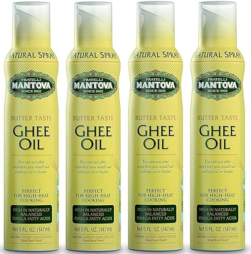 Mantova Ghee Oil, 100% Pure Cooking Oil Spray, Omega-3, perfect for Keto snacks, baking, grilling, or cooking, our oil dispenser bottle lets you spray, drip, or stream with no waste, 5 oz (Pack of 4)