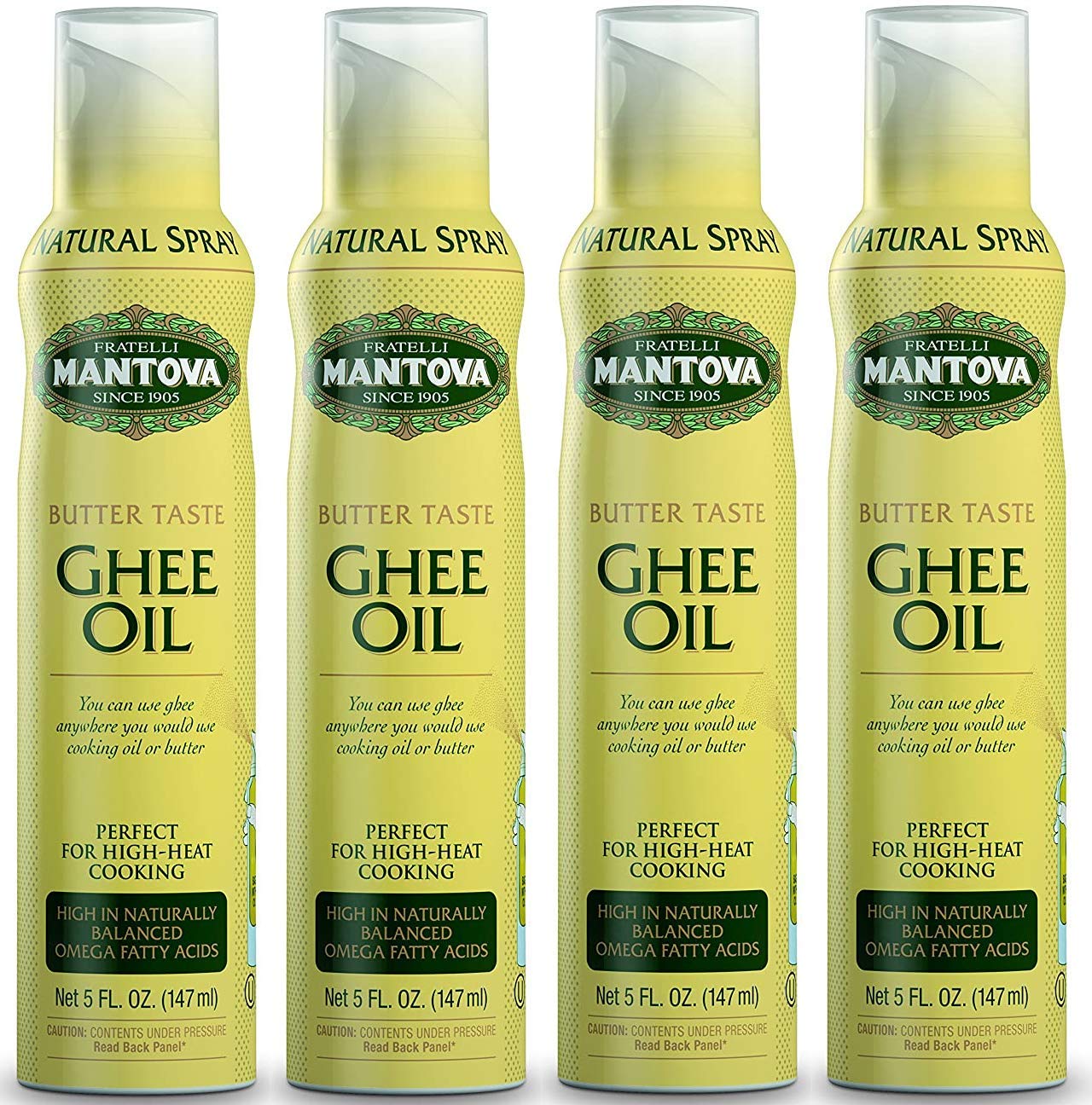 Mantova Ghee Oil, 100% Pure Cooking Oil Spray, Omega-3, perfect for Keto snacks, baking, grilling, or cooking, our oil dispenser bottle lets you spray, drip, or stream with no waste, 5 oz (Pack of 4)
