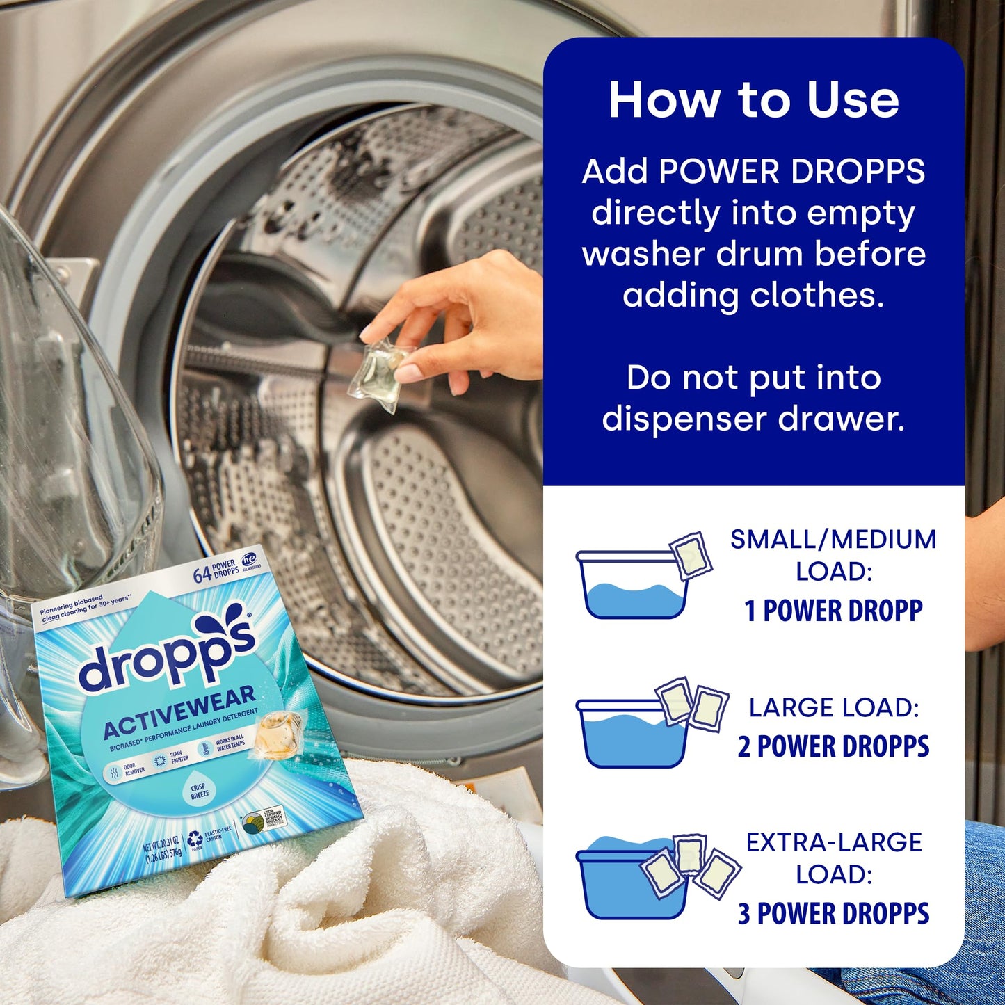 Dropps Activewear Laundry Detergent Pods, Crisp Breeze (64 Count) - Powerful Laundry Pods | Fights Sweat & Body Odors | For Synthetic Workout Clothes
