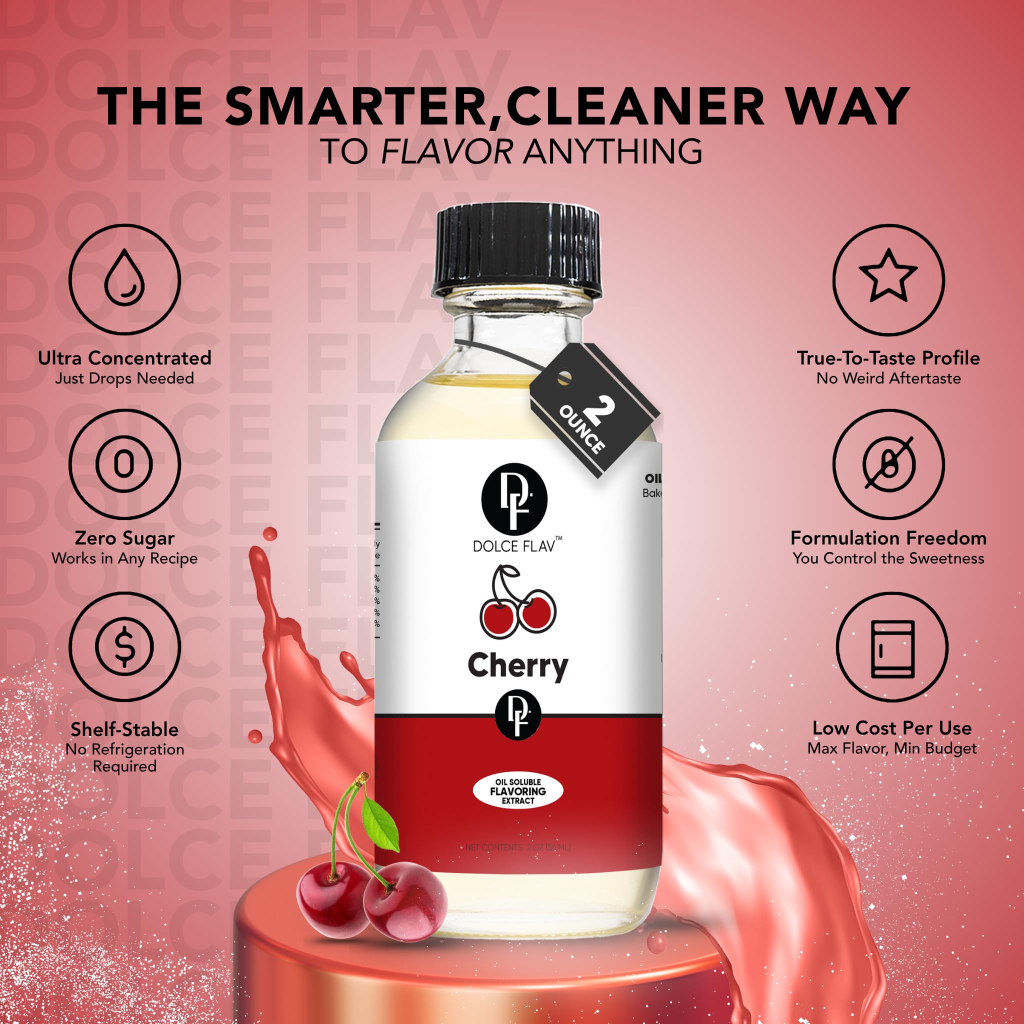 Dolce Flav Cherry Extract - 1 Gallon Oil-Soluble Kosher, Sugar-Free, Concentrated Fruity Flavor for Candy, Chocolates & Desserts