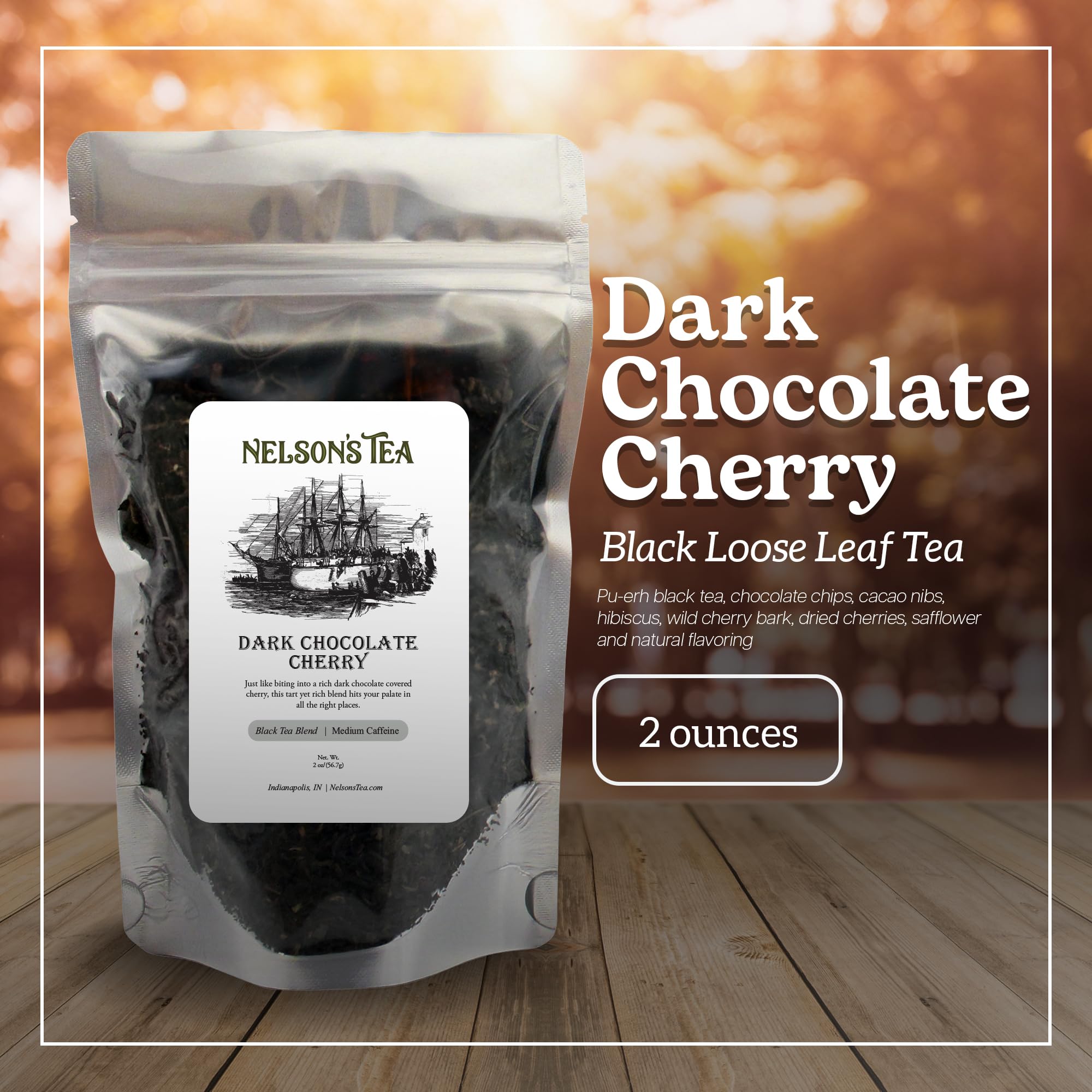 Nelson's Tea Dark Chocolate Cherry - Cut & Sifted Pu-erh Black Tea Loose Leaf with Rich Blend of Chocolate Chips, Wild Cherry Bark, Cacao Nibs