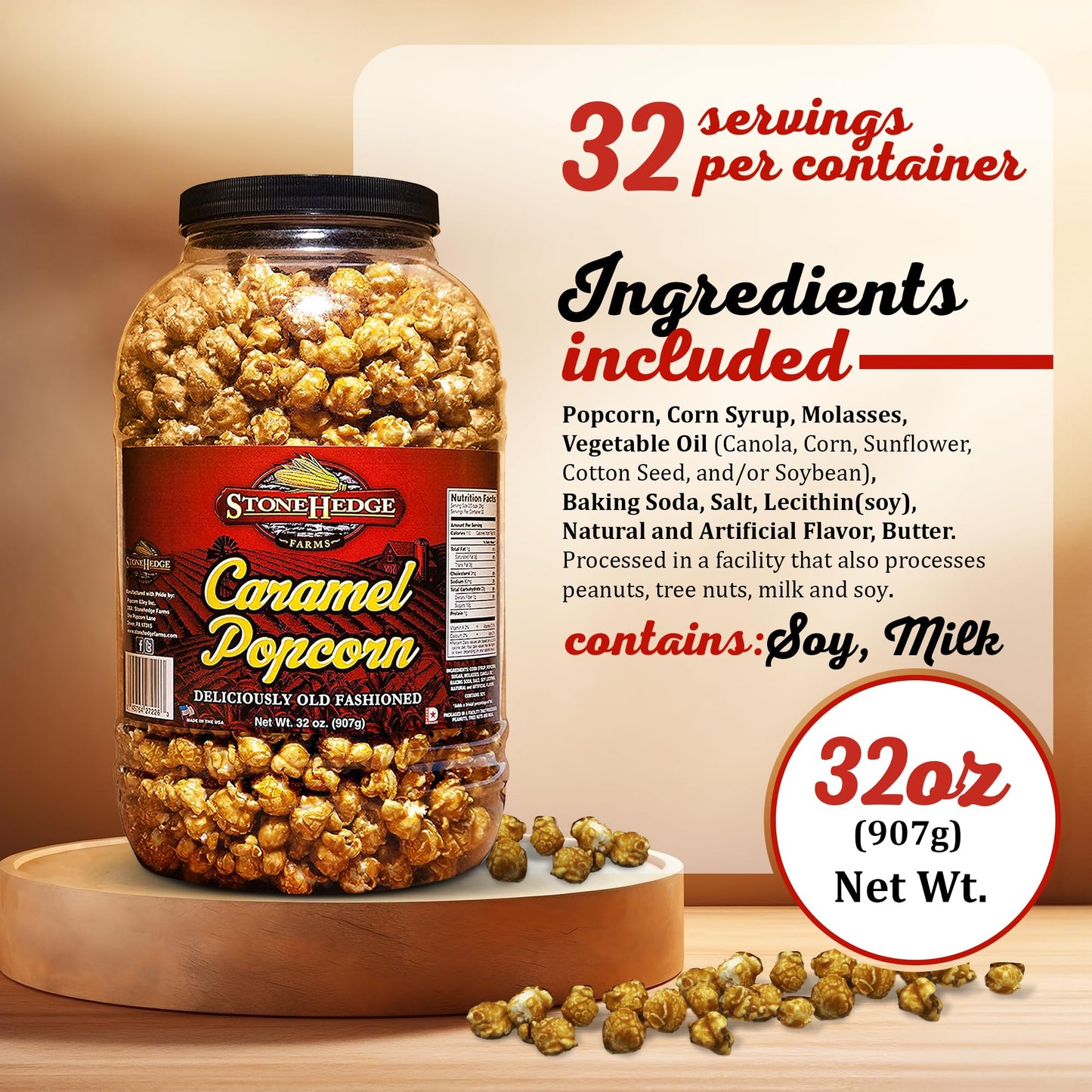 Stonehedge Farms Caramel Flavored Popcorn | 32 oz Large Tub | Perfect for Holidays and Christmas | Bulk Gourmet Popped Sweet Snacks | Carmel Pop Corn