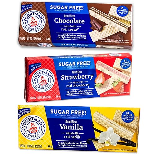 Voortman Sugar Free Wafers - Variety Pack - Strawberry (1, 9oz pack) - Vanilla (1, 9oz pack) - Chocolate (1, 9oz pack) - Baked with Real Ingredients