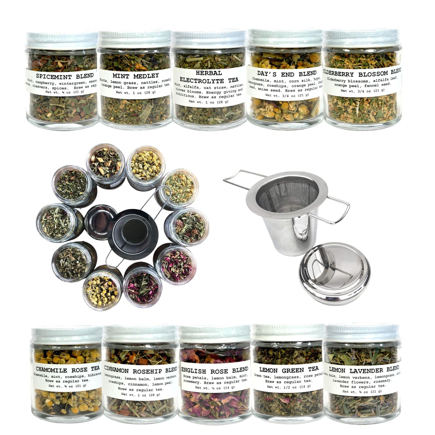 Smoke Camp Crafts Loose Leaf Herbal Tea Gift Set with Stainless Steel Infuser, 10 Unique Flavors, Handcrafted, USDA Organic, Tisane Tea Sampler, Pack
