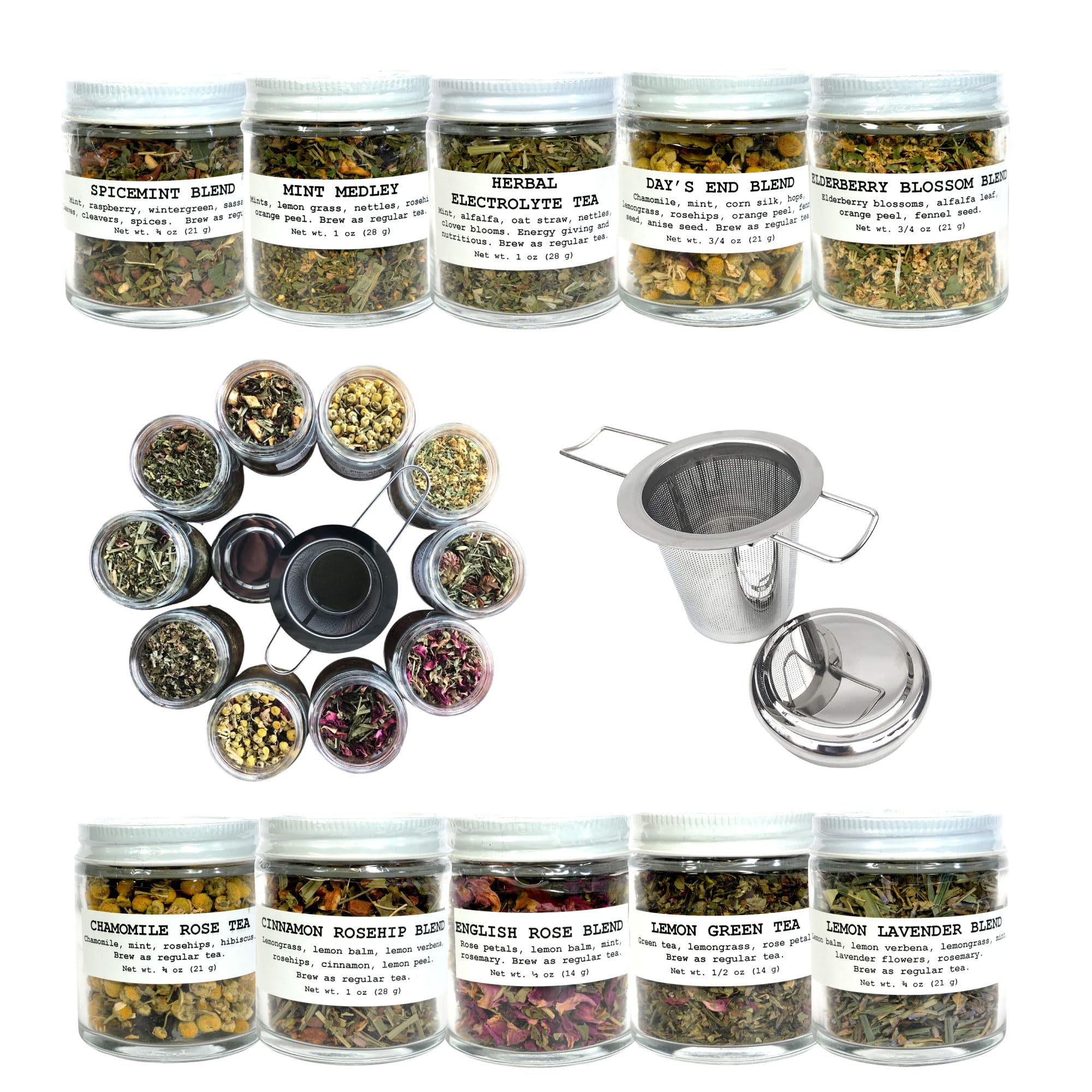 Smoke Camp Crafts Loose Leaf Herbal Tea Gift Set with Stainless Steel Infuser, 10 Unique Flavors, Handcrafted, USDA Organic, Tisane Tea Sampler, Pack