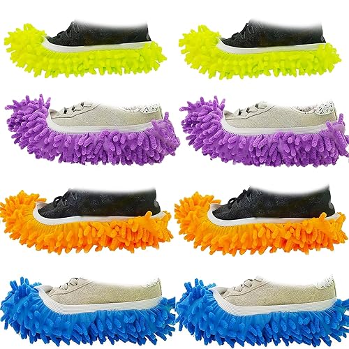 M-jump 8 PCS 4 Pairs Duster Mop Slippers Cover, Multi Function Chenille Fibre Washable Dust Mop Floor Cleaning Shoes for Bathroom, Office, Kitchen