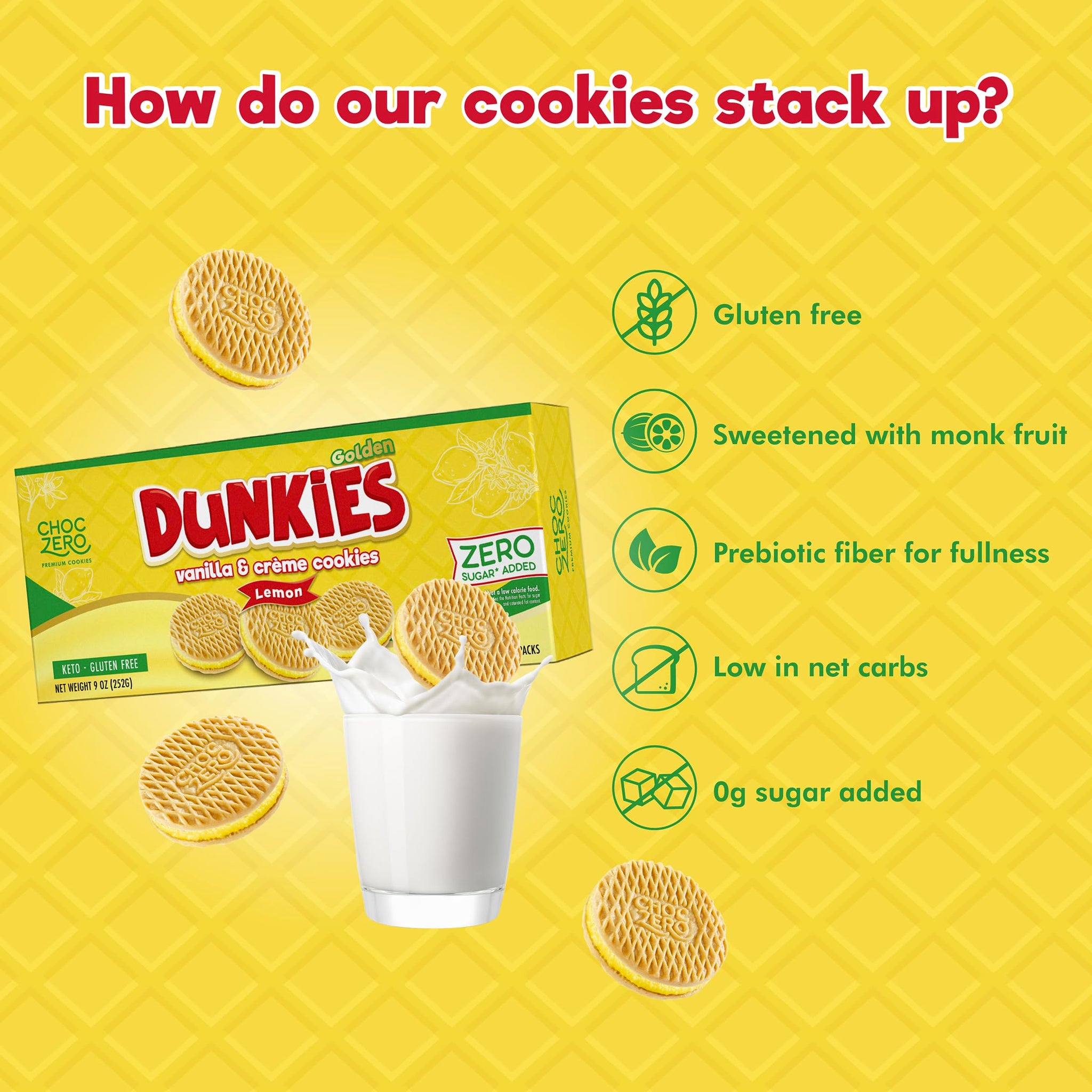 ChocZero Lemon Dunkies - Sugar Free Lemon Sandwich Cookies, Keto Friendly, Gluten Free, High Fiber, Low Net Carb - 9oz Box