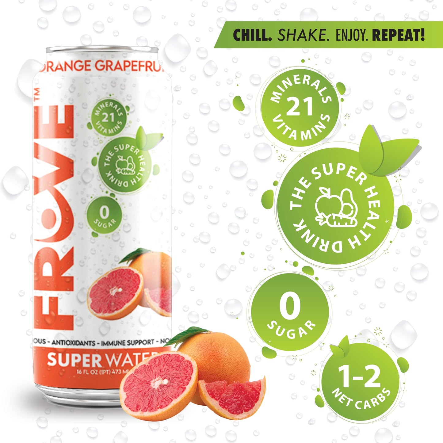 FrUve Super Water | Orange Grapefruit Flavor | 12 16oz Cans | Healthy Drink | Zero Sugar | Low Calorie Drink | Powerful Antioxidants | Boosts Immune