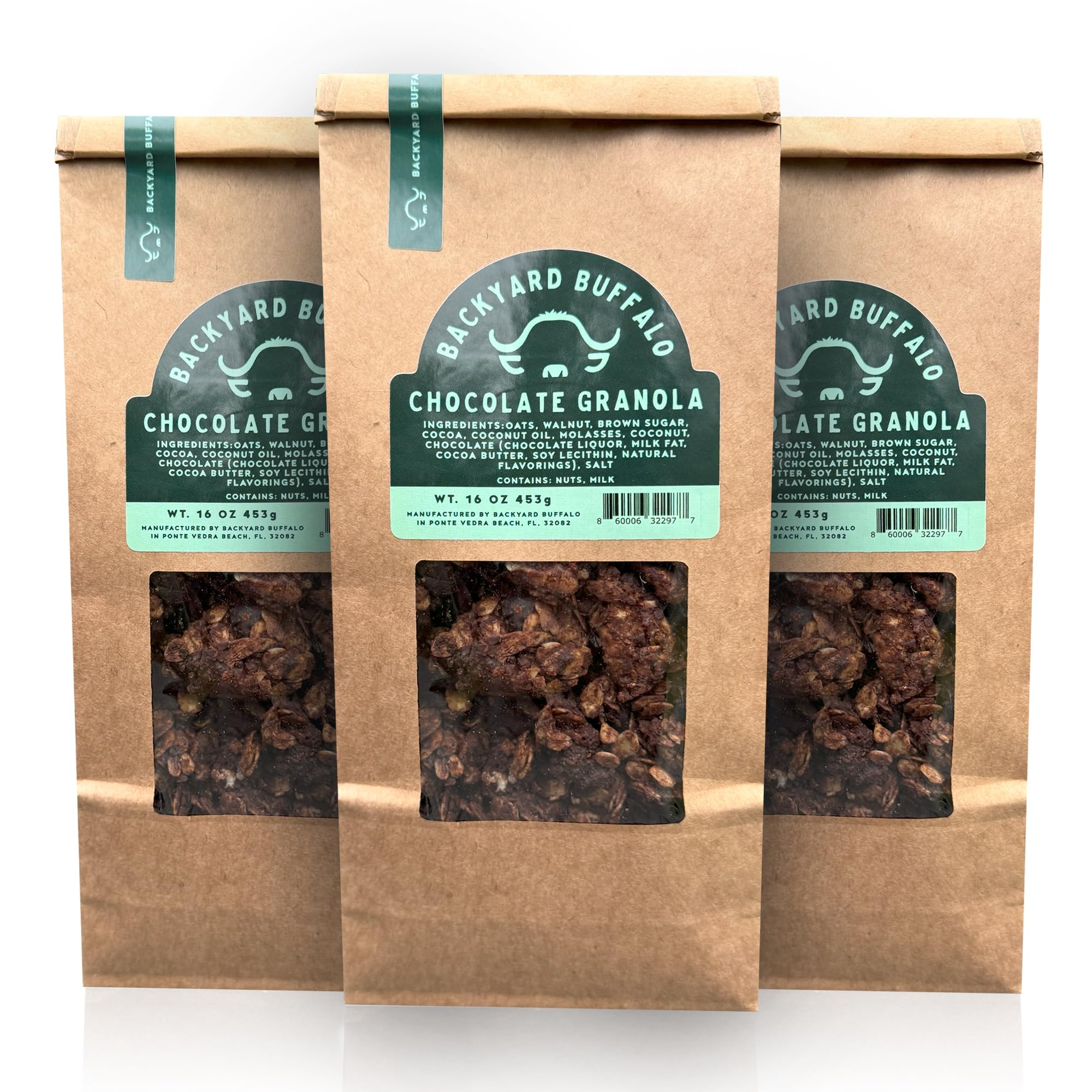 Backyard Buffalo Small Batch Chocolate Granola Trio, Packed with Fiber and Protein, 16 oz bags (Pack of 3)