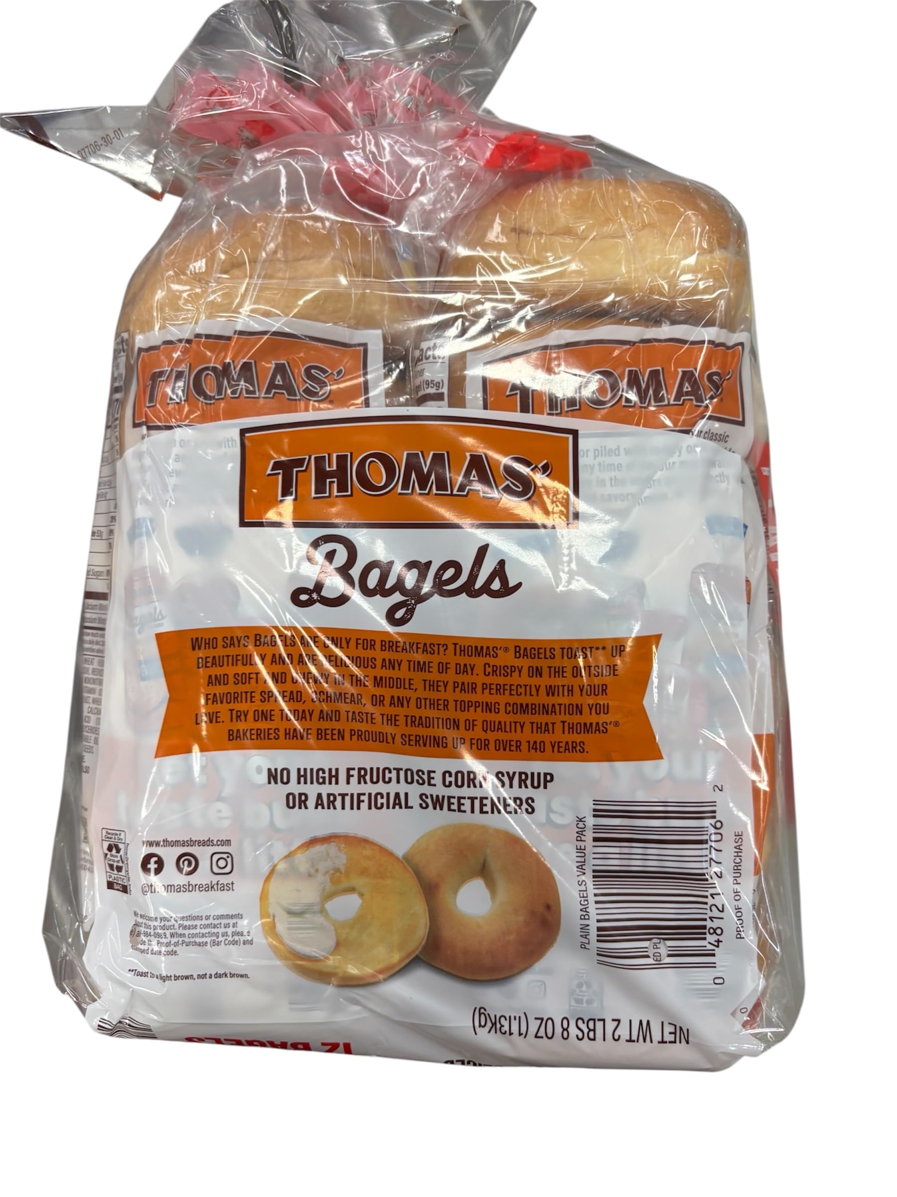 Thomas' Bagels Plain, No High Fructose Corn Syrup, 10 grams of protein, 12 Pre-Sliced Bagels, 40 oz