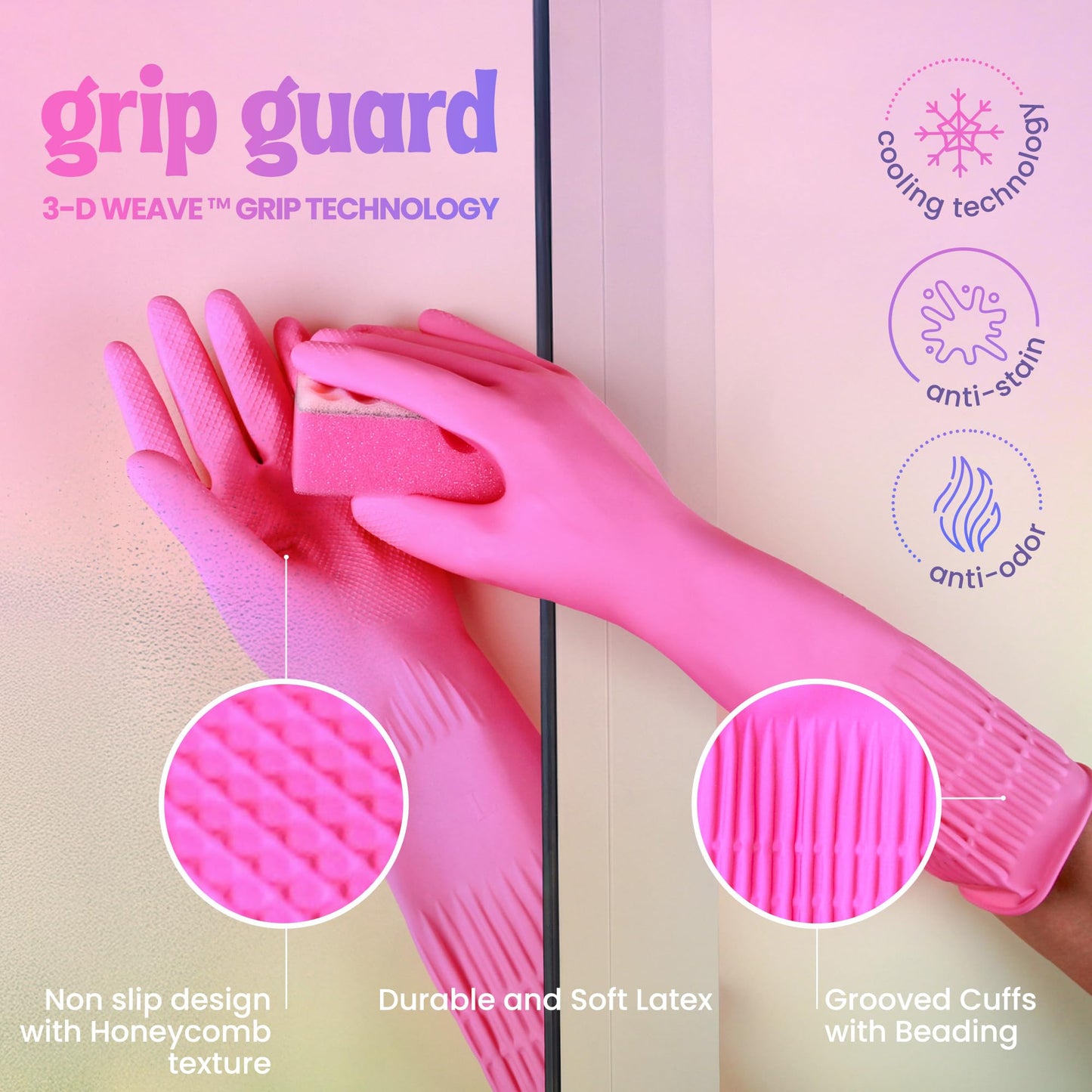 Happy Hands Rubber Cleaning Gloves - Versatile Waterproof Reusable Pink Gloves for Kitchen, Dishwashing, and Household Tasks, Hi-Tech Grip, Non-Slip