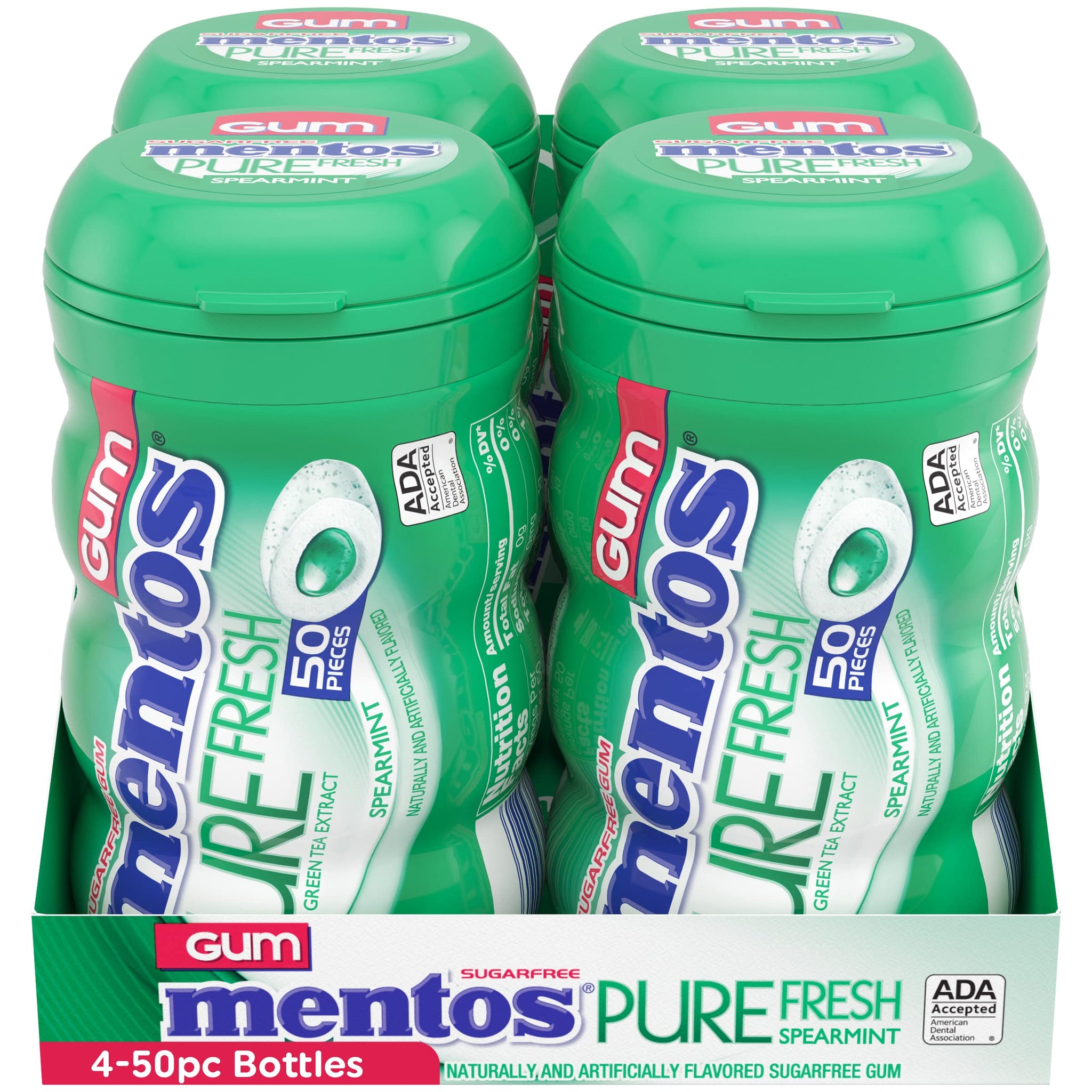 MENTOS Pure Fresh Sugar Free Gum, Spearmint, 50 Piece Bottle, Pack of 4