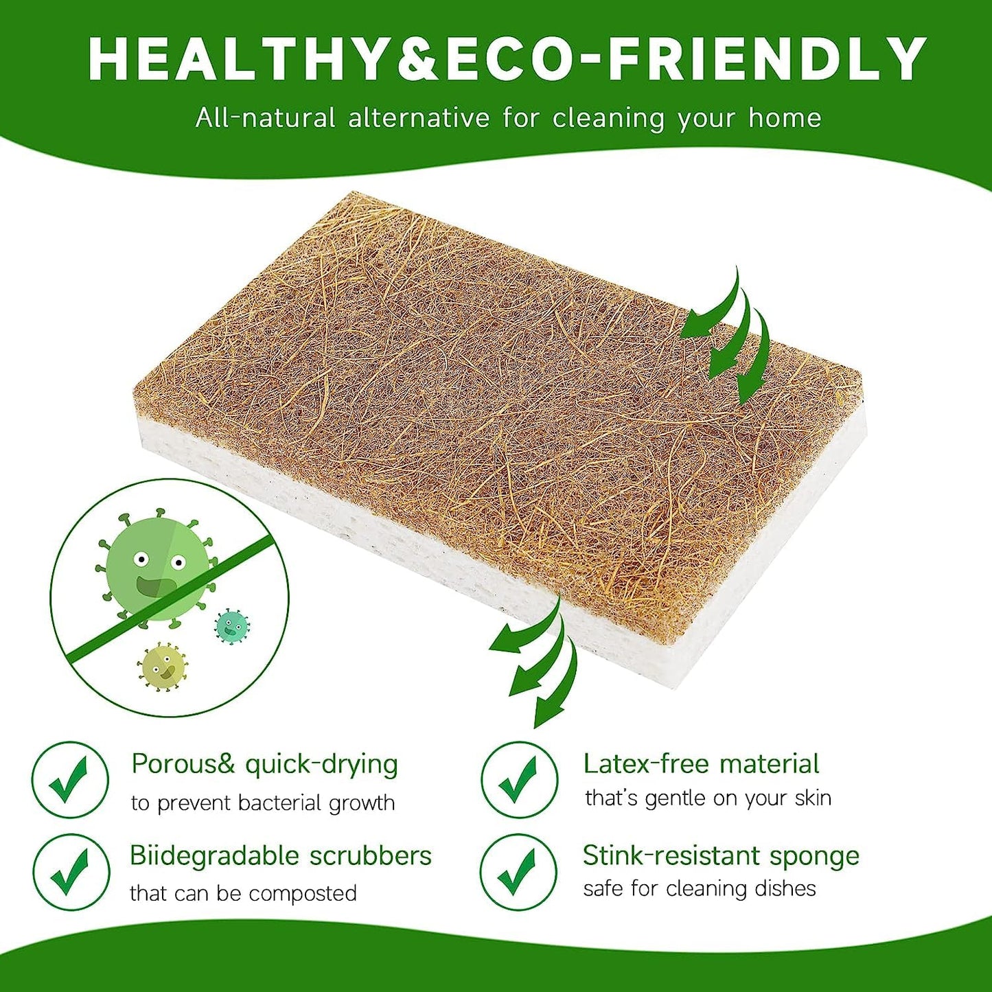 Graham & Ash Co Natural Kitchen Sponge - Biodegradable Compostable Cellulose and Coconut Scrubber - Pack of 10 Eco Friendly Sponges