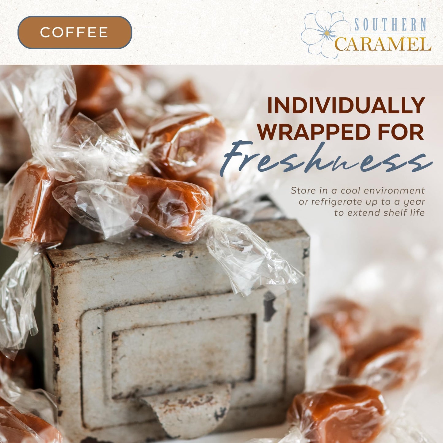 Southern Caramel Coffee Caramels, Soft Buttery Gourmet Caramel Candy Infused with Rich Coffee Flavor, Handcrafted, Small Batch, Gluten Free, No Corn