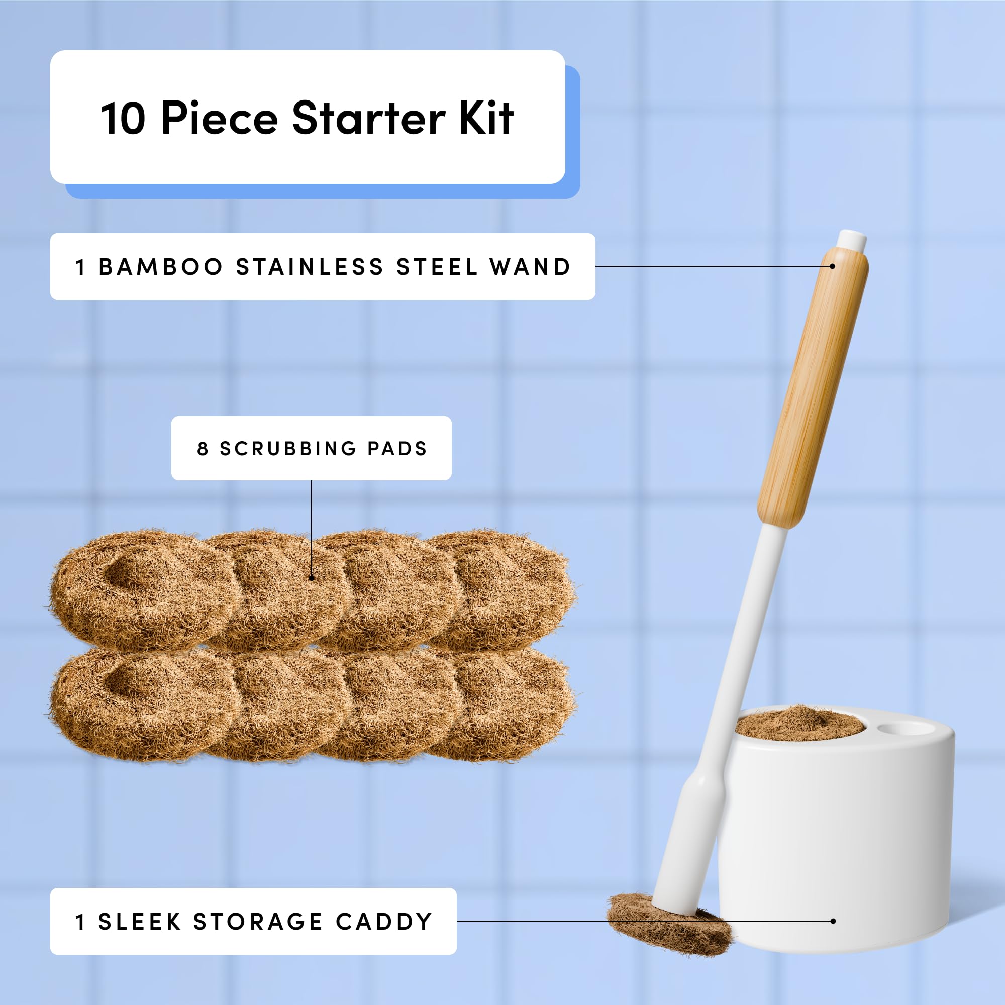TUSHY Toilet Brush 2.0 Set: with Cleanser-Infused Pads and Holder (Disposable Planet Friendly Refills), Includes 8 Lemon and Tea Tree Coconut Husk