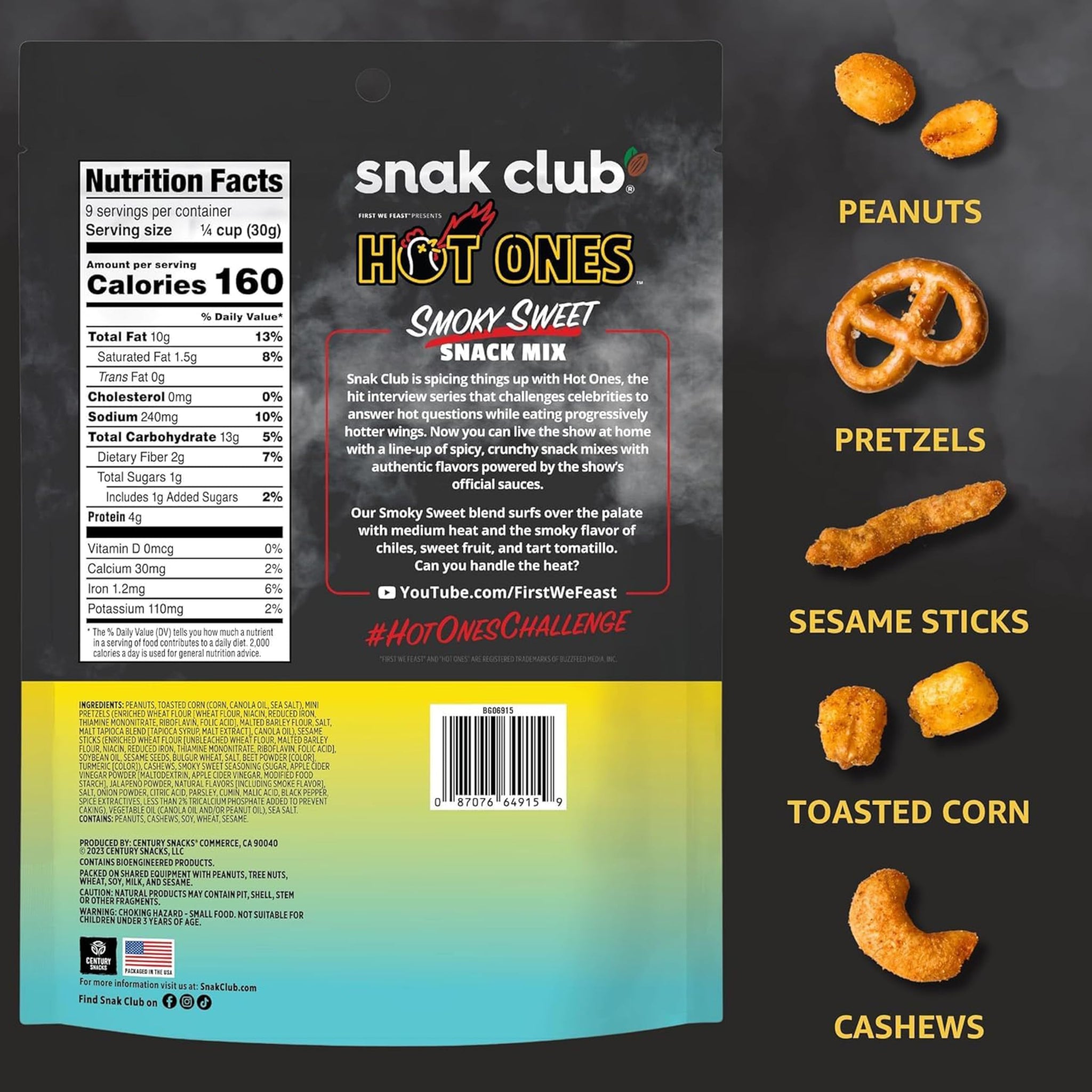 Snak Club x Hot Ones Snack Mix, Smoky Sweet, Spicy Snacks with Peanuts, Pretzels, Sesame Sticks, Toasted Corn, Cashews, Inspired by Hot Ones, Vegan