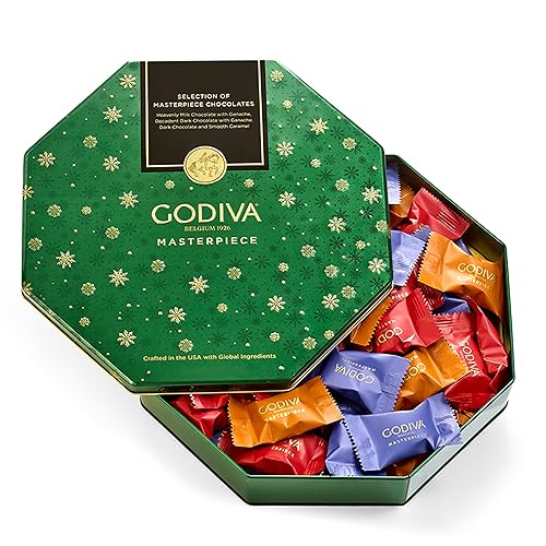 Godiva Holiday Masterpiece Gift Tin, Assorted Milk & Dark Chocolates with Ganache and Caramel, Gourmet Christmas Gift, Kosher & Halal, 50 Pc, 1.5 lbs