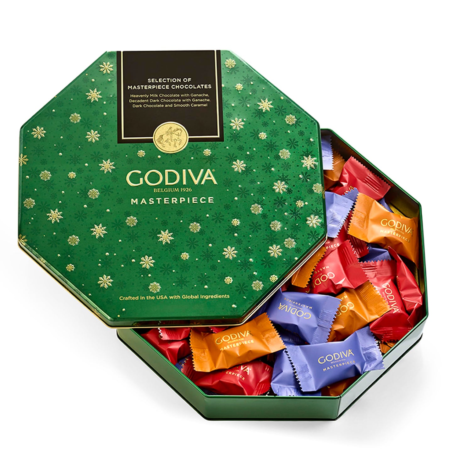 Godiva Holiday Masterpiece Gift Tin, Assorted Milk & Dark Chocolates with Ganache and Caramel, Gourmet Christmas Gift, Kosher & Halal, 50 Pc, 1.5 lbs