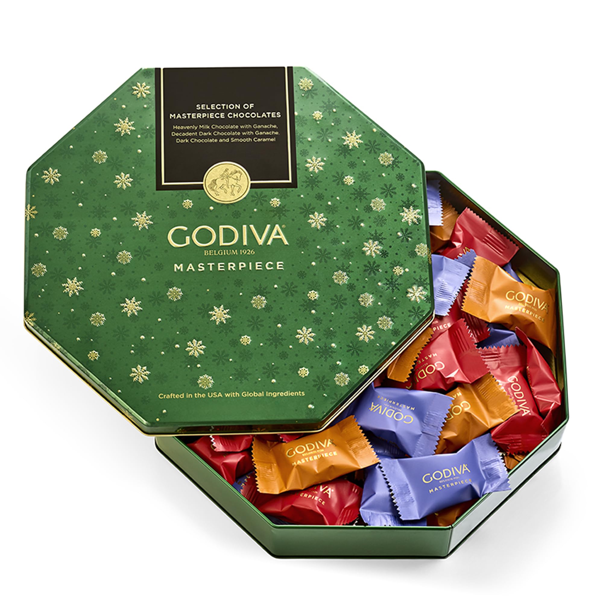 Godiva Holiday Masterpiece Gift Tin, Assorted Milk & Dark Chocolates with Ganache and Caramel, Gourmet Christmas Gift, Kosher & Halal, 50 Pc, 1.5 lbs