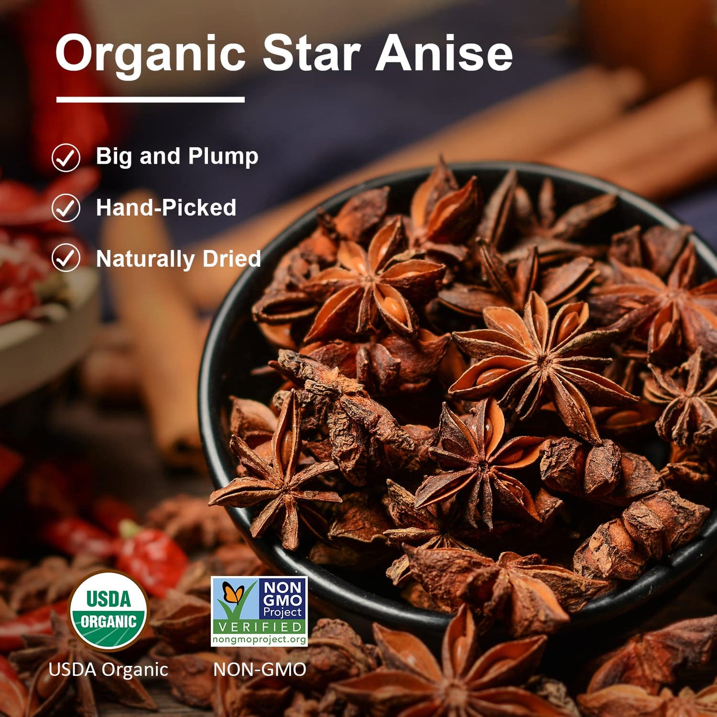 Soeos Organic Star Anise, Whole Star Anise 4 oz (114g), Chinese Star Anise Pods, Star Anise Organic Whole, Non-GMO Verified, Dried Star Anise