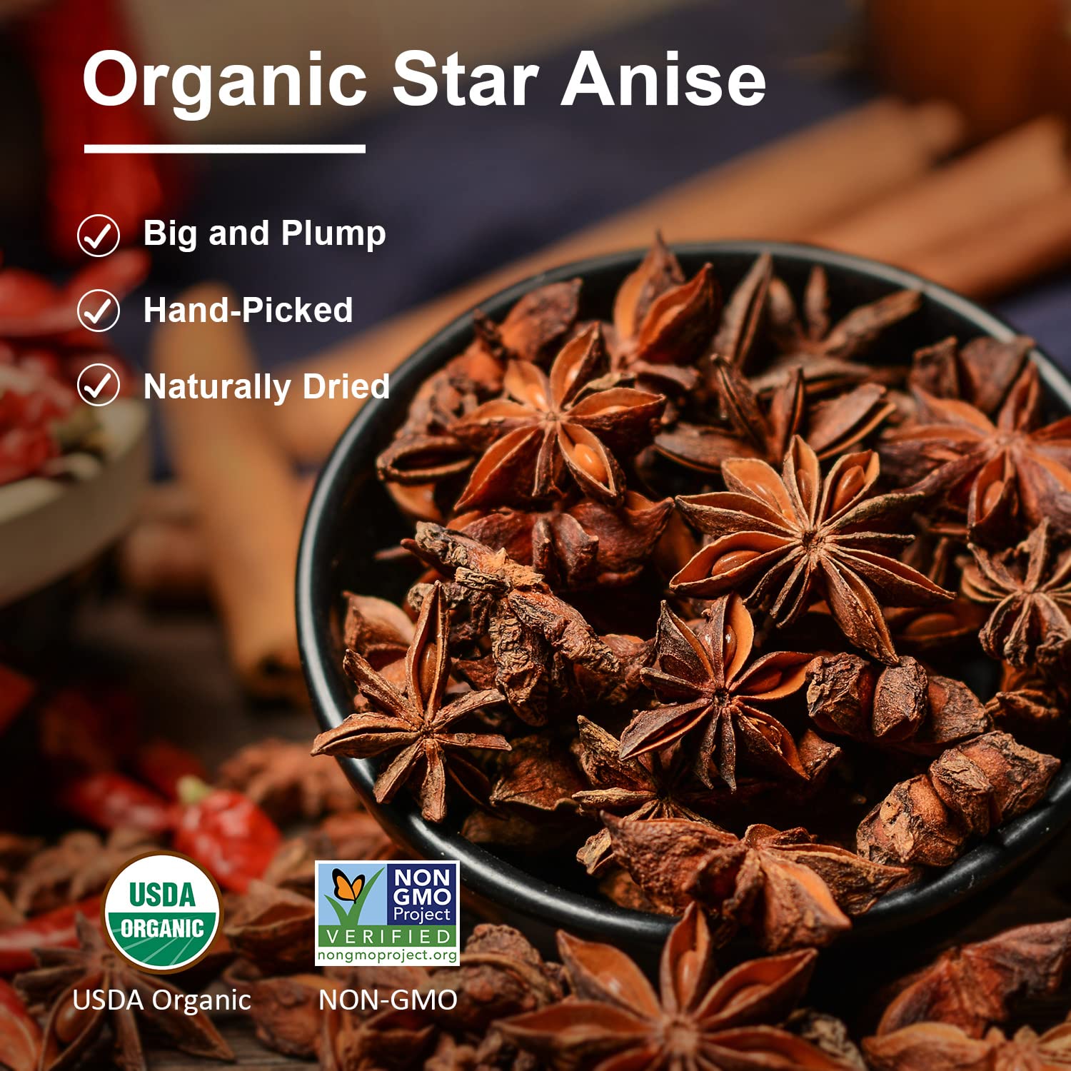 Soeos Organic Star Anise, Whole Star Anise 4 oz (114g), Chinese Star Anise Pods, Star Anise Organic Whole, Non-GMO Verified, Dried Star Anise