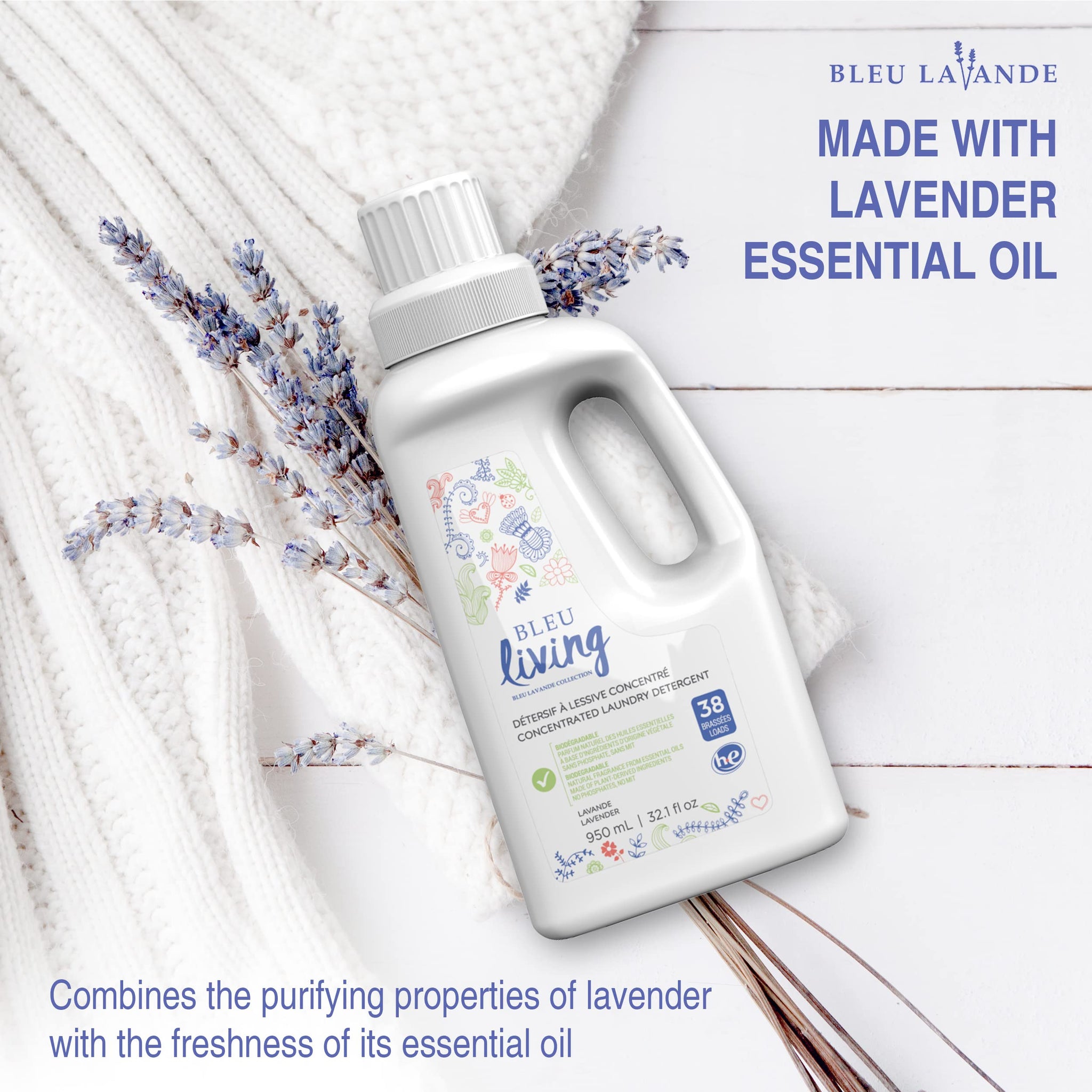 Bleu Lavande - 3 Pack Natural Liquid Laundry Detergent - Concentrated Detergent - Biodegradable - Pure Lavender Essential Oil - No Phosphates - No