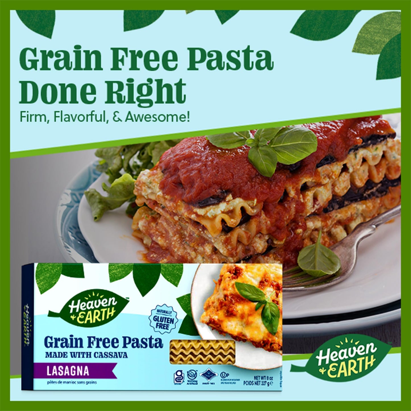 Heaven & Earth Grain Free Pasta, Cassava Lasagna Pasta, 8oz (2 Pack) | Paleo Pasta | Vegan | Certified Gluten Free | Kosher for Passover