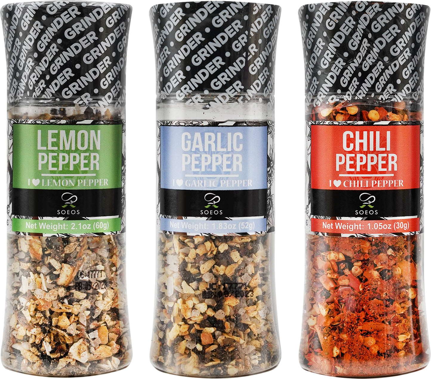 Soeos Spice Seasoning Set of 3, 4.98 oz(142 g), with Integrated Grinders, Salt and Pepper Grinder Set, Spicy Garlic, Garlic & Herbs, BBQ Seasoning