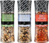 Soeos Spice Seasoning Set of 3, 4.98 oz(142 g), with Integrated Grinders, Salt and Pepper Grinder Set, Spicy Garlic, Garlic & Herbs, BBQ Seasoning