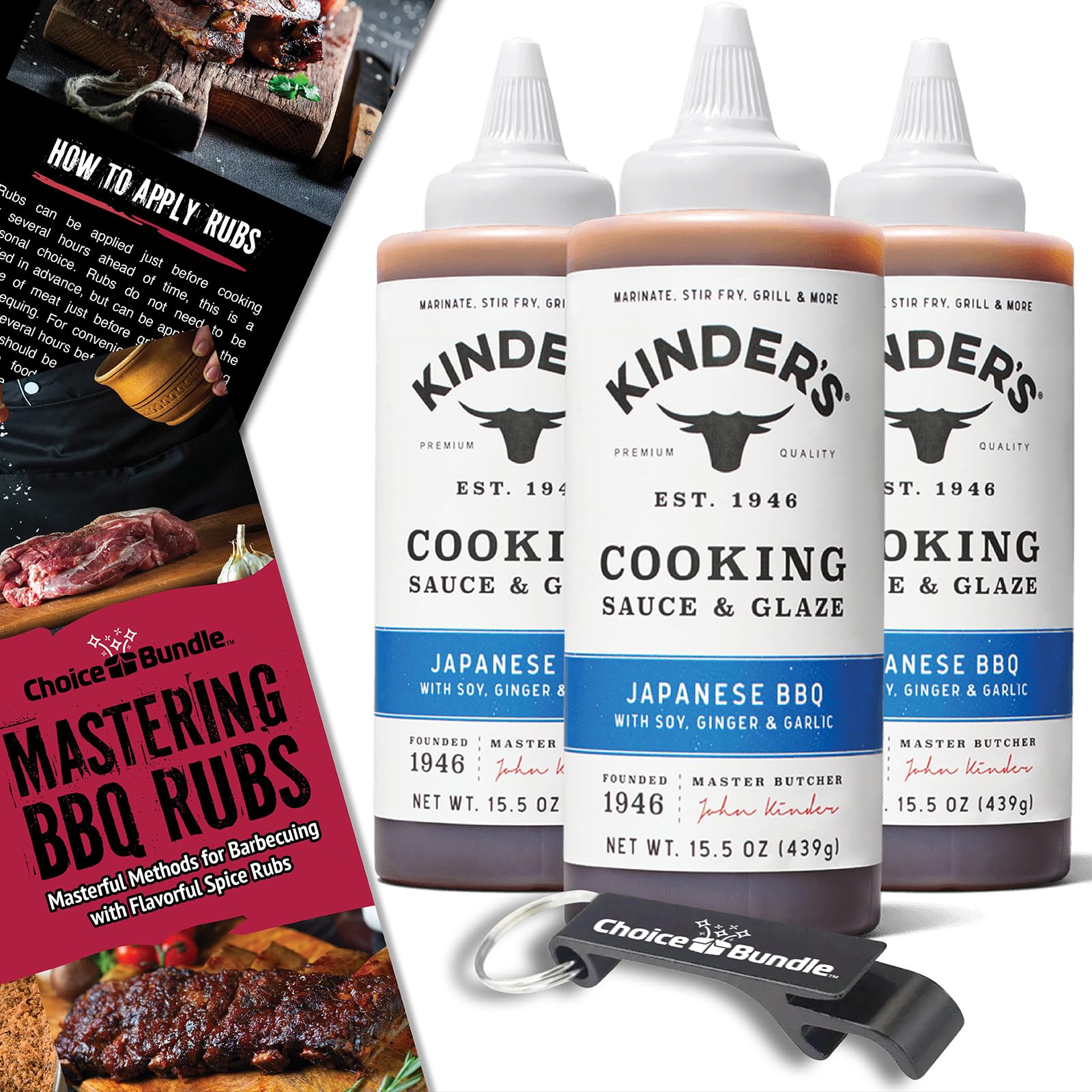 Kinder’s Japanese BBQ Cooking Sauce & Glaze 3 Pk (46.5 oz) - with Soy, Ginger & Garlic to Marinate, Stir-Fry Grill + Barbecue Guide & Bottle Opener (5